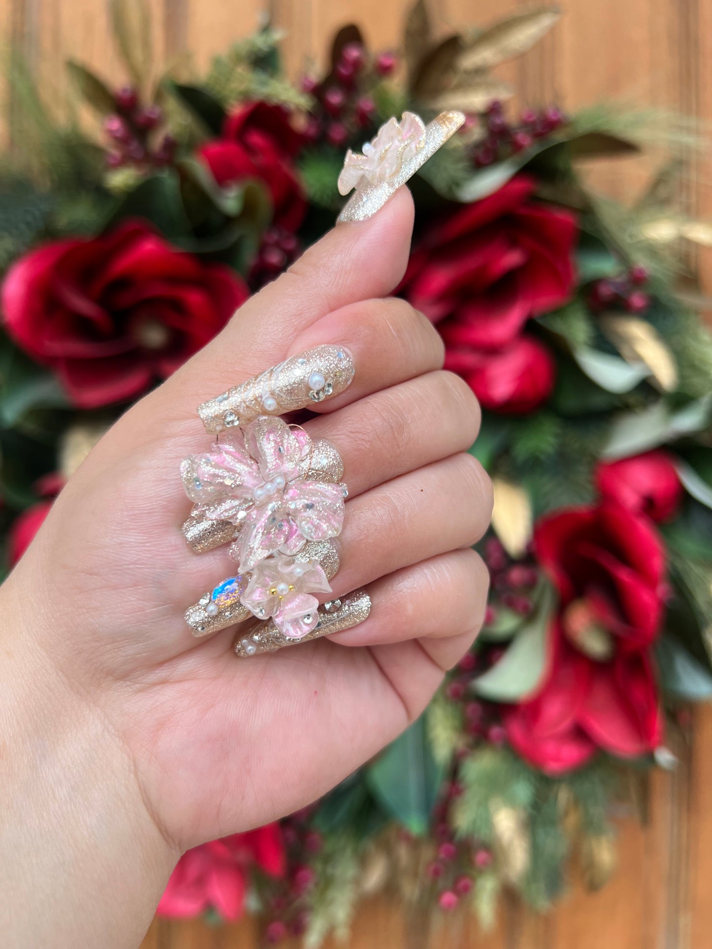Glittery Pink Flower Press-on Nail|Glue Nails|Nail Art|False Nails|Elegant Nails|Summer Sale|Fancy Event Nails|Trendy Nails