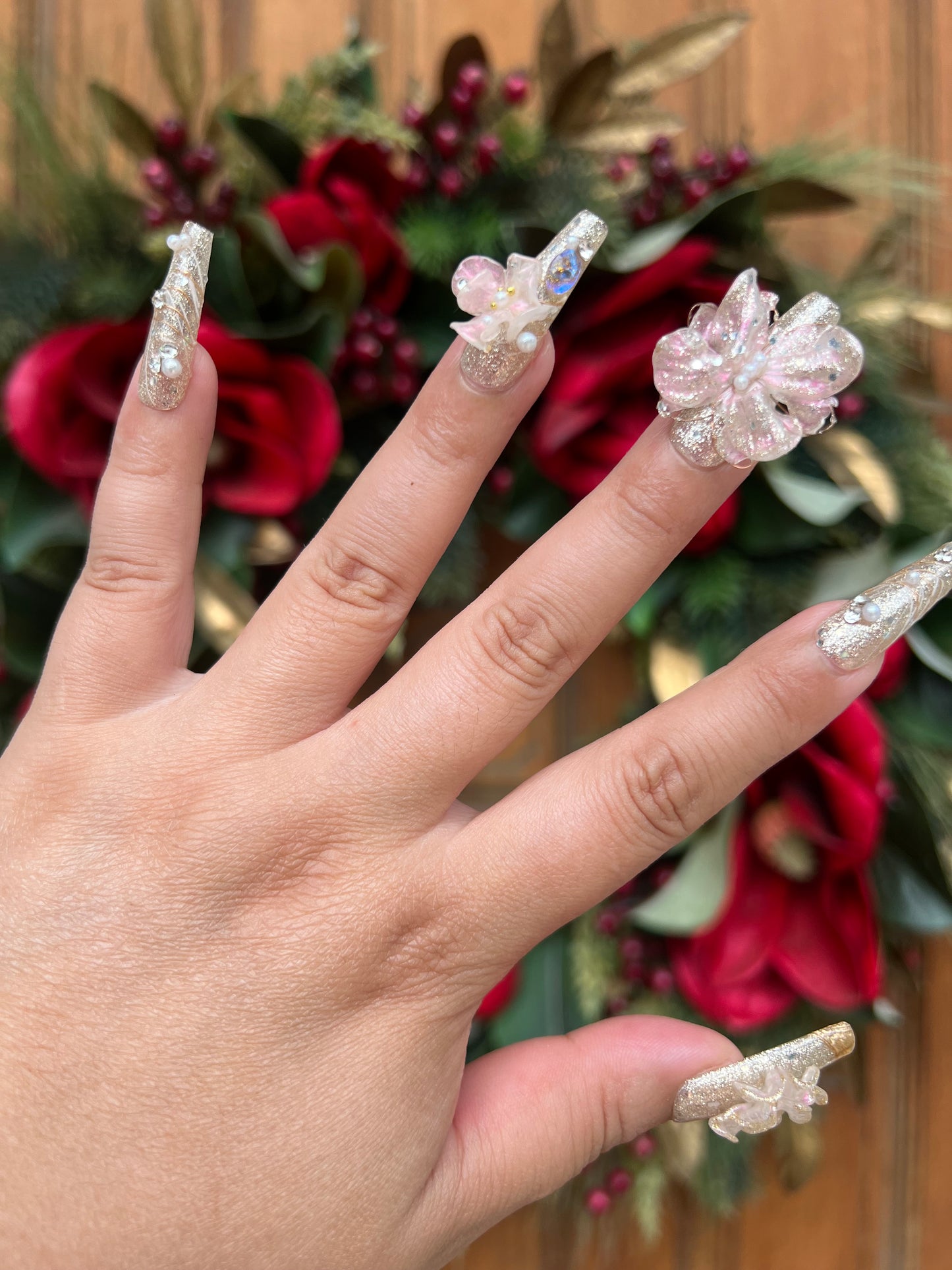 Glittery Pink Flower Press-on Nail|Glue Nails|Nail Art|False Nails|Elegant Nails|Summer Sale|Fancy Event Nails|Trendy Nails