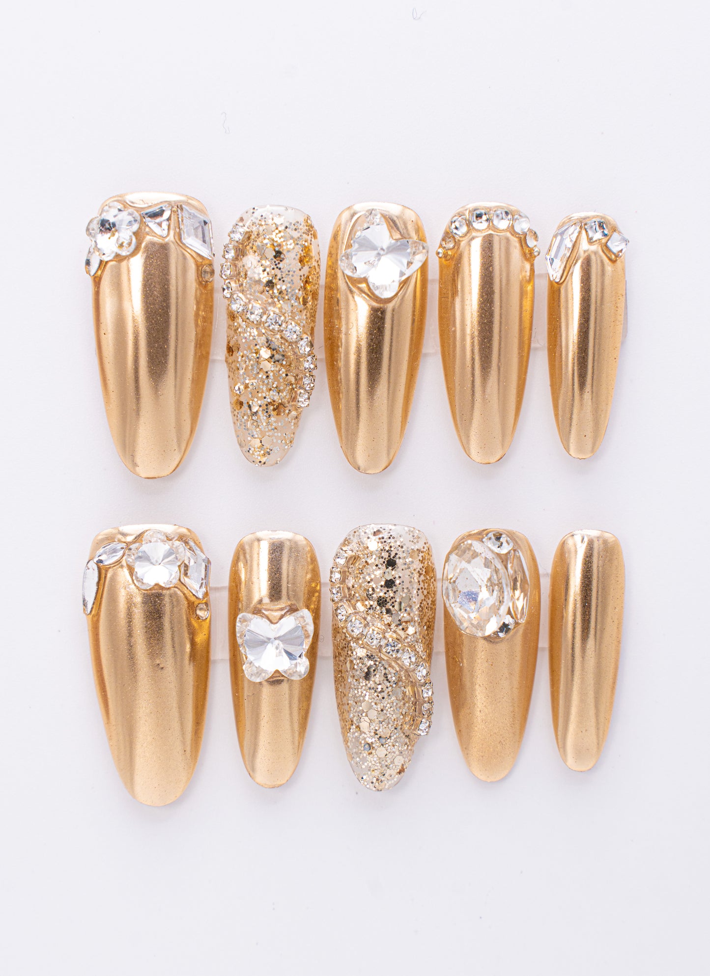 Golden Luxe Metallic Rhinestones Press-on Nail|Glue Nails|Nail Art|False Nails|Elegant Nails|Summer Sale|Fancy Event Nails|Trendy Nails