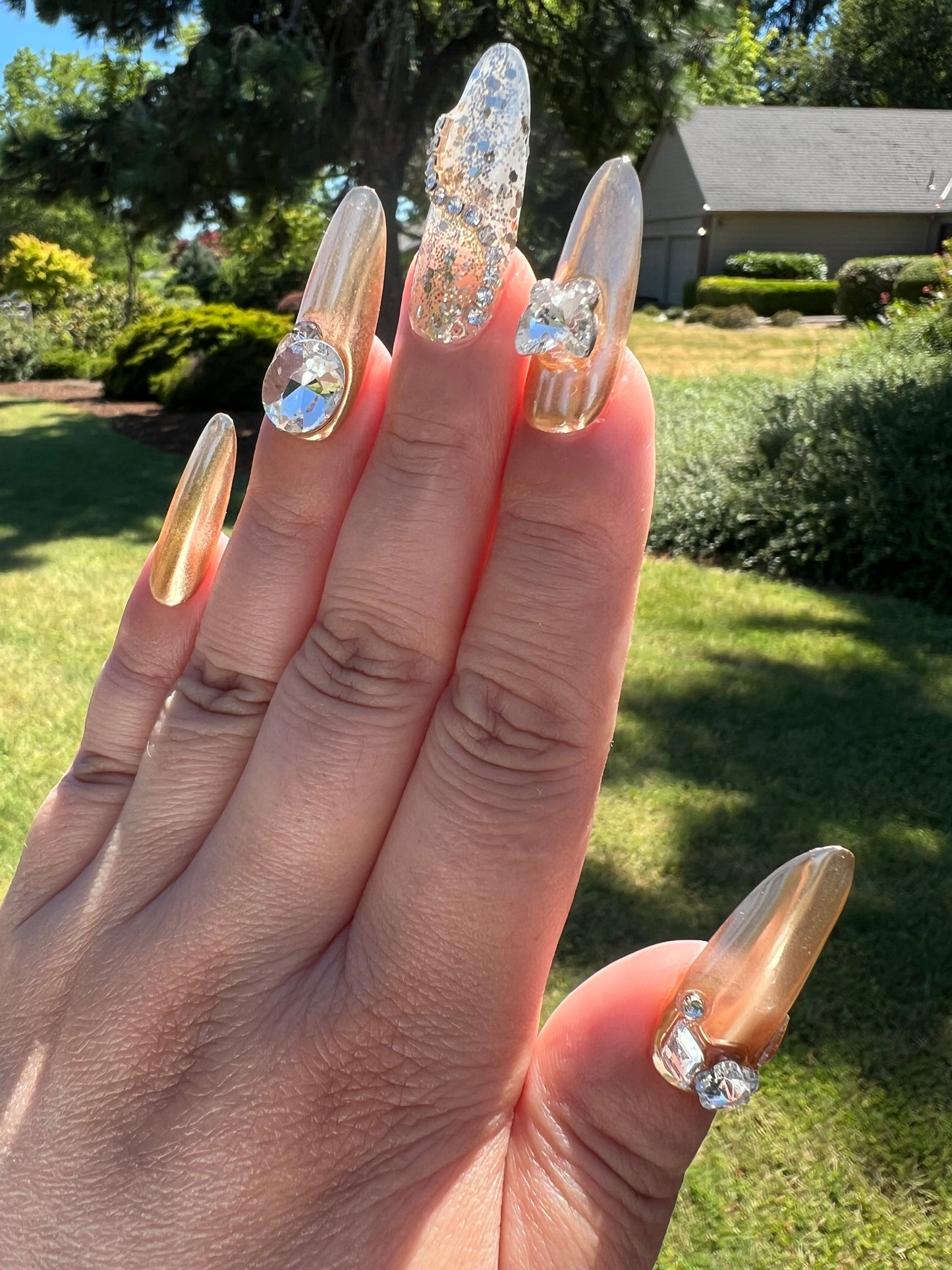 Golden Luxe Metallic Rhinestones Press-on Nail|Glue Nails|Nail Art|False Nails|Elegant Nails|Summer Sale|Fancy Event Nails|Trendy Nails