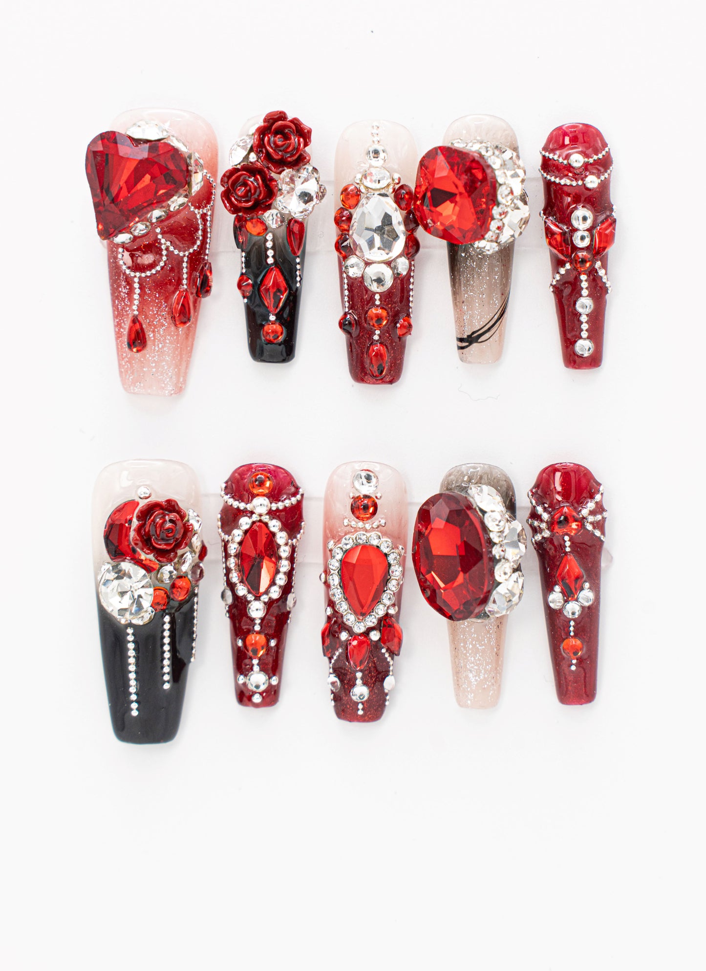 Red and Black Floral Rhinestone Press-on Nail|Glue Nails|Nail Art|False Nails|Elegant Nails|Summer Sale|Fancy Event Nails|Trendy Nails