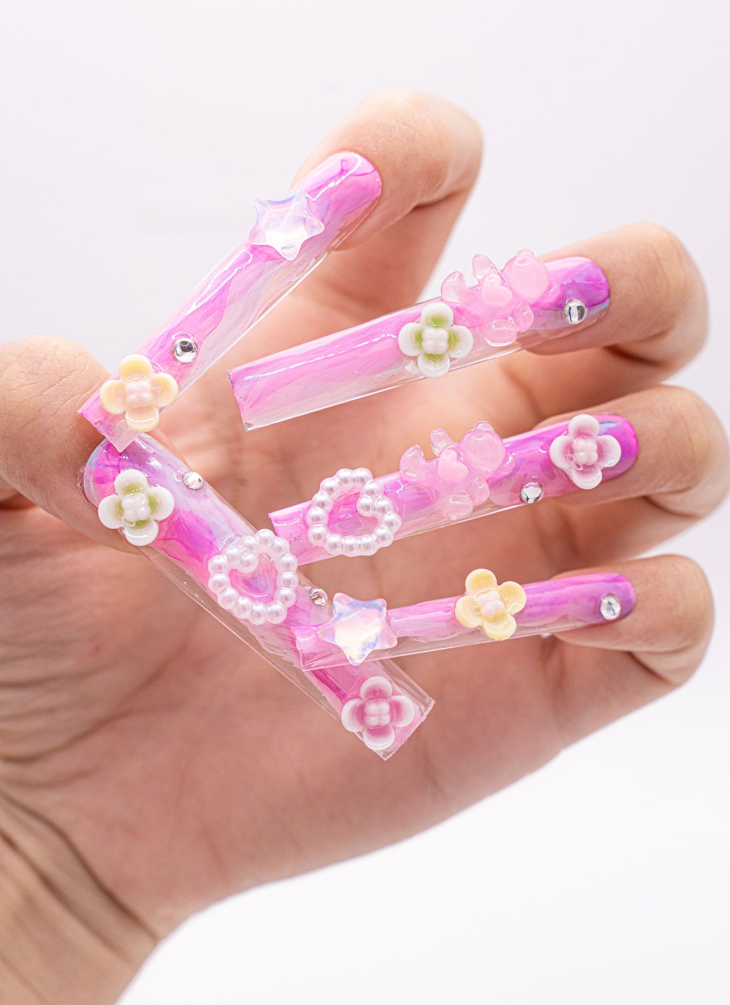 Close up image, Pastel Spring Garden Press-On Nails | 3D Floral & Pearl Embellishments