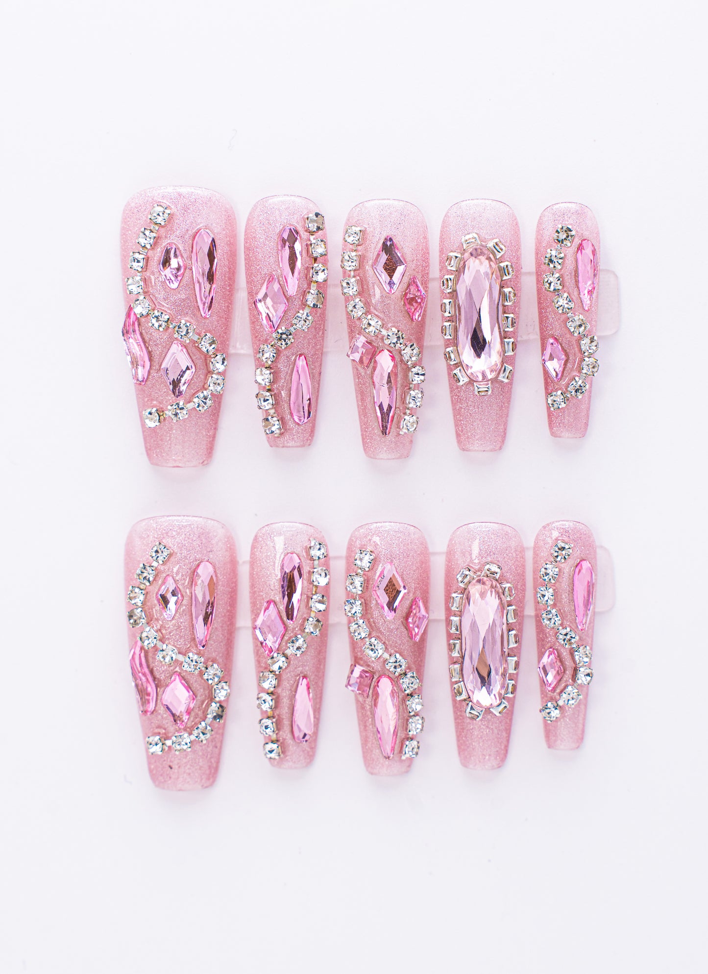 Stunning Pink Crystal Embellished Press-on Nail|Glue Nails|Nail Art|False Nails|Elegant Nails|Summer Sale|Fancy Event Nails|Trendy Nails