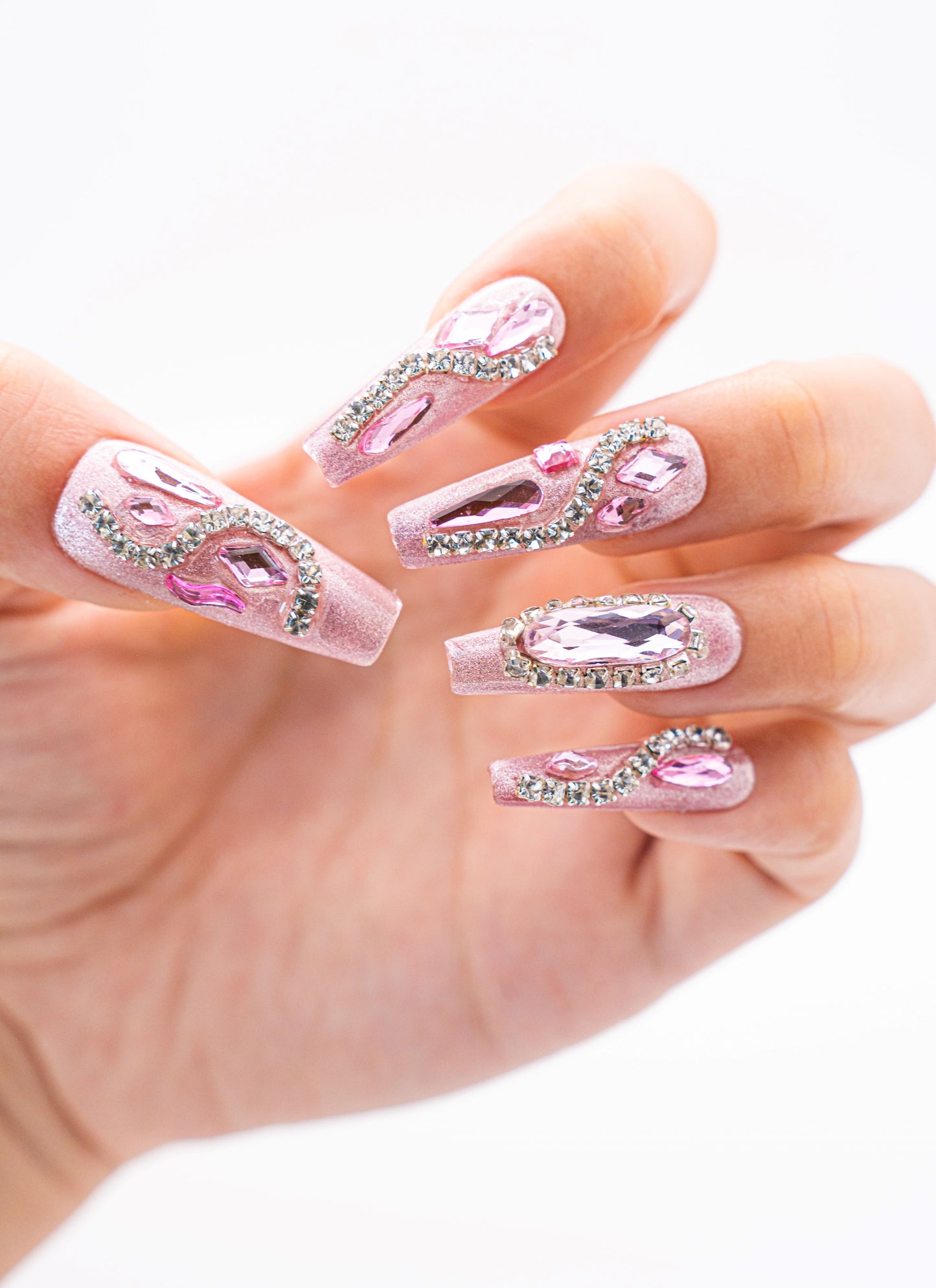 Close up image, Luxury Press-On Nails with Pink Crystals and Rhinestone Embellishments | Elegant & Glamorous