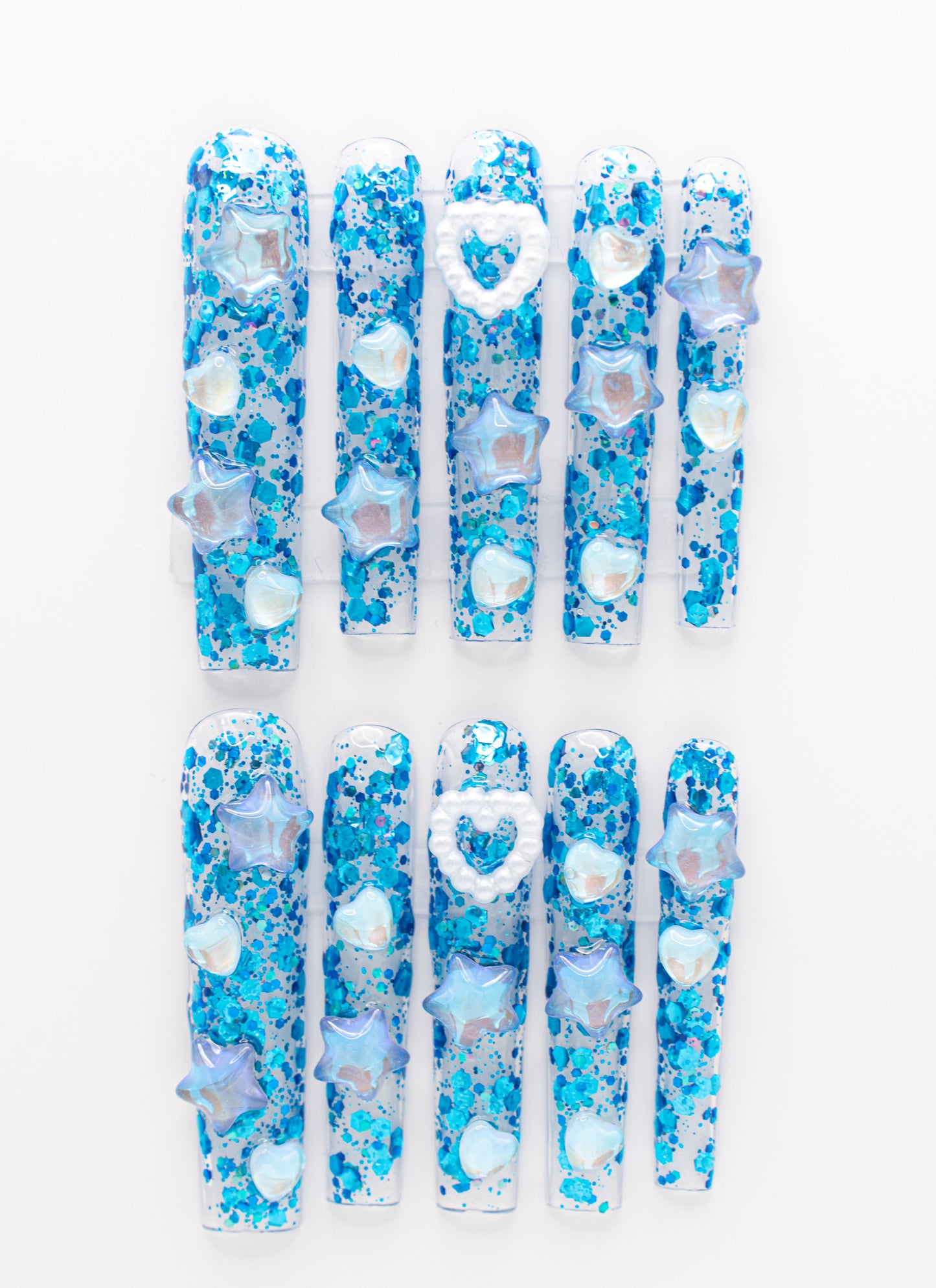 Blue Oceanic Mermaid Glitter Pearls Press-on Nail|Glue Nails|Nail Art|False Nails|Elegant Nails|Summer Sale|Fancy Event Nails|Trendy Nails