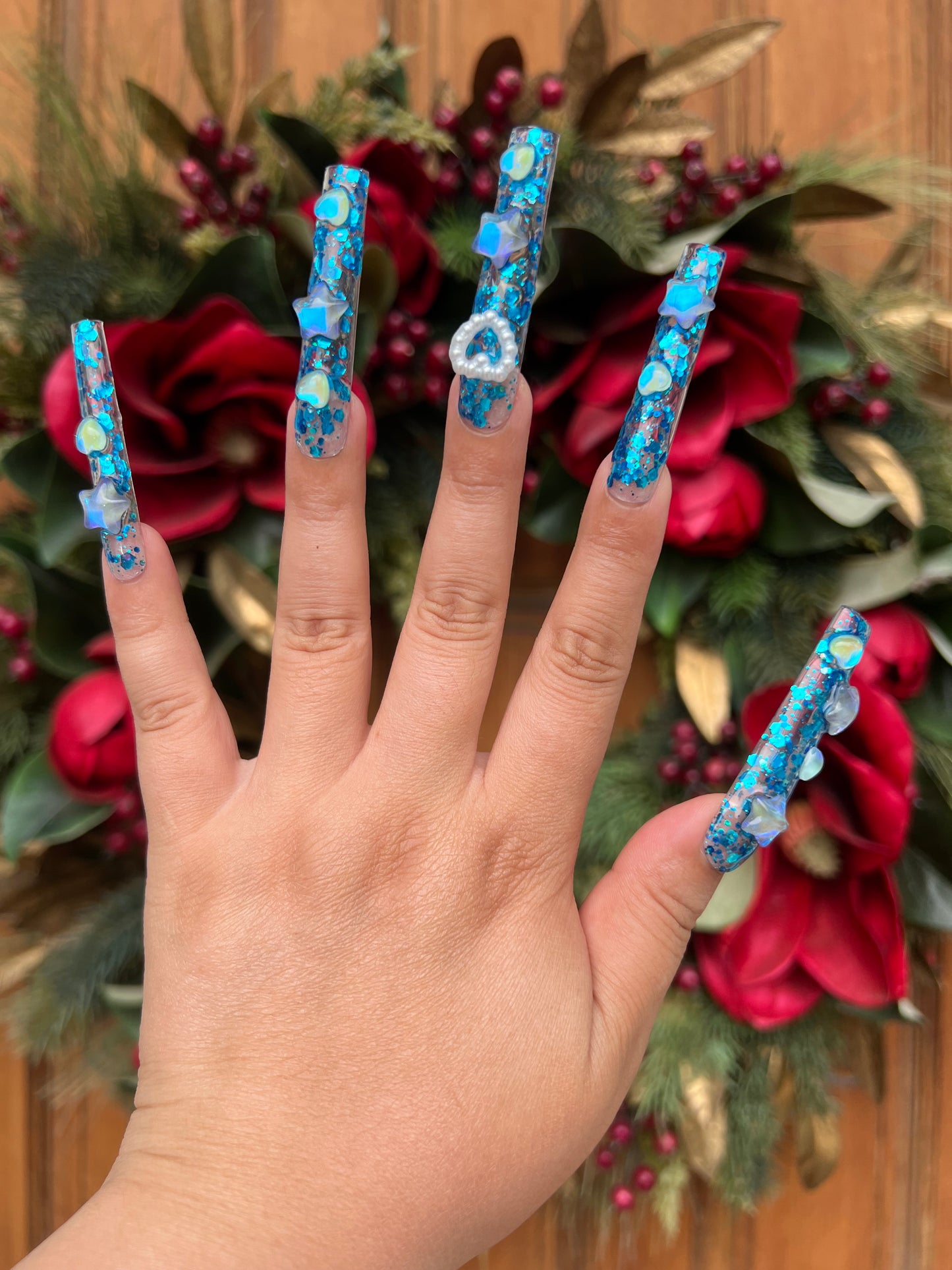 Blue Oceanic Mermaid Glitter Pearls Press-on Nail|Glue Nails|Nail Art|False Nails|Elegant Nails|Summer Sale|Fancy Event Nails|Trendy Nails