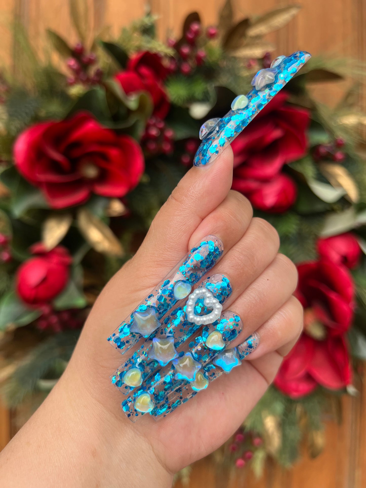 Blue Oceanic Mermaid Glitter Pearls Press-on Nail|Glue Nails|Nail Art|False Nails|Elegant Nails|Summer Sale|Fancy Event Nails|Trendy Nails