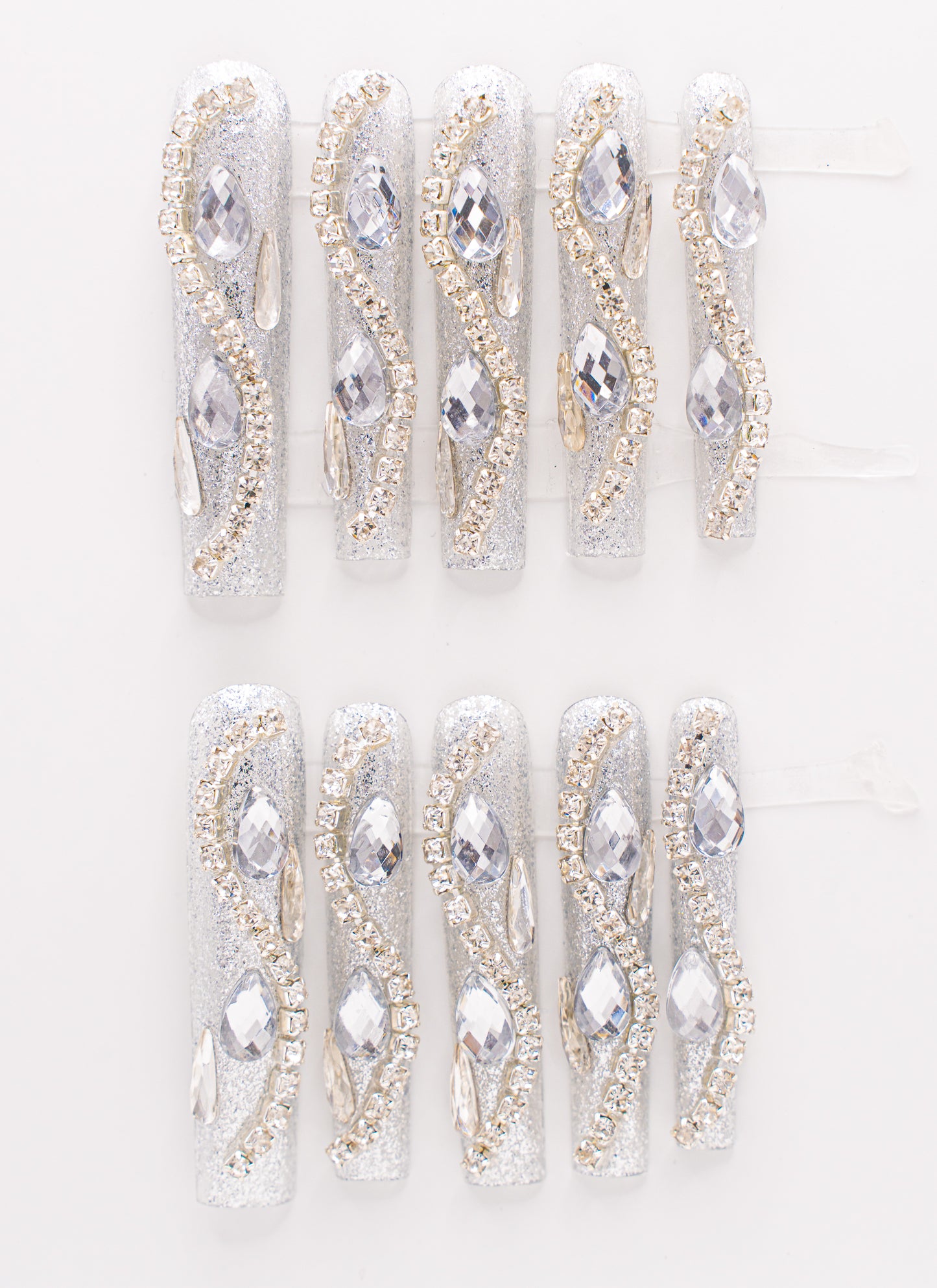 Silver Glitter Rhinestone Press-on Nail|Glue Nails|Nail Art|False Nails|Elegant Nails|Summer Sale|Fancy Event Nails|Trendy Nails