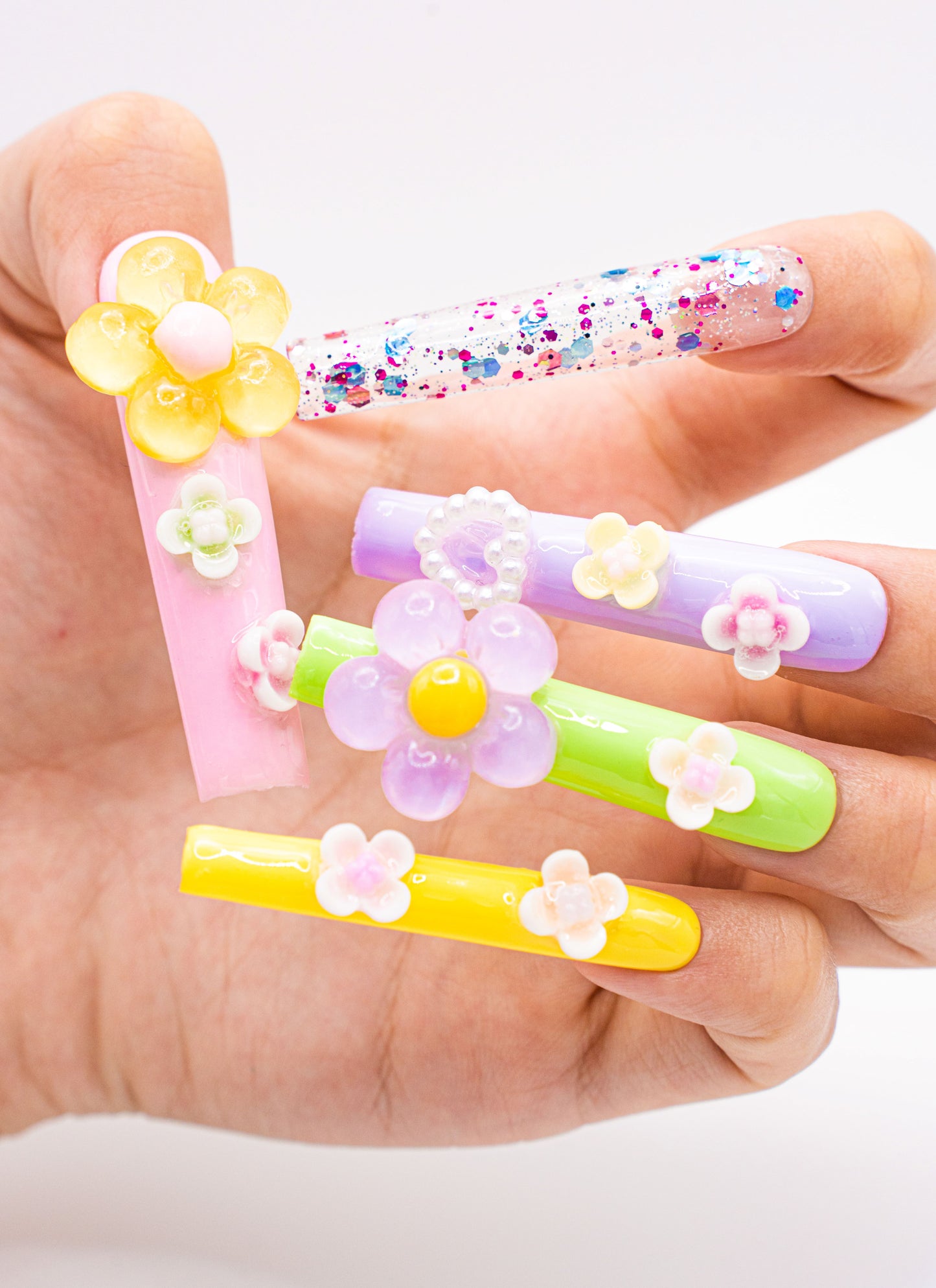 Close up image, Spring Blooms Press-On Nail Set: 3D Floral & Glitter Manicure