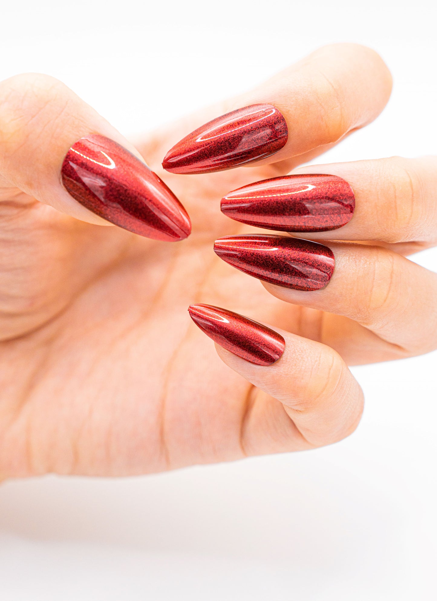 Close up image, Siren Red Metallic Press-On Nails - Bold & Shiny | Long Stiletto Style