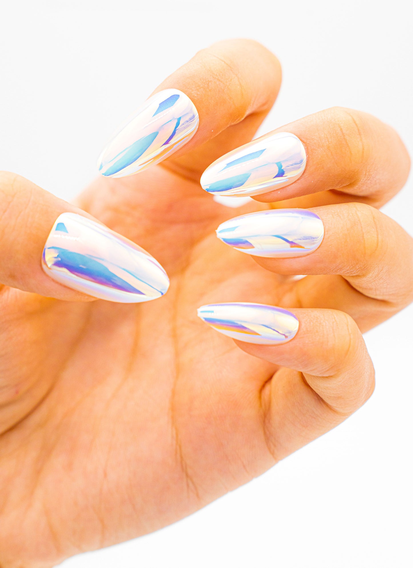 Close up image, Opalescent Stiletto Press-On Nails - Holographic Blue Nail Set