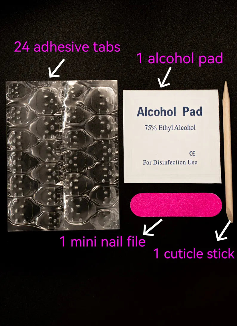 A toolkit comes with the nail set, which includes 24 adhesive tabs, 1 alcohol pad, 1 mini nail file, and a cuticle stick.