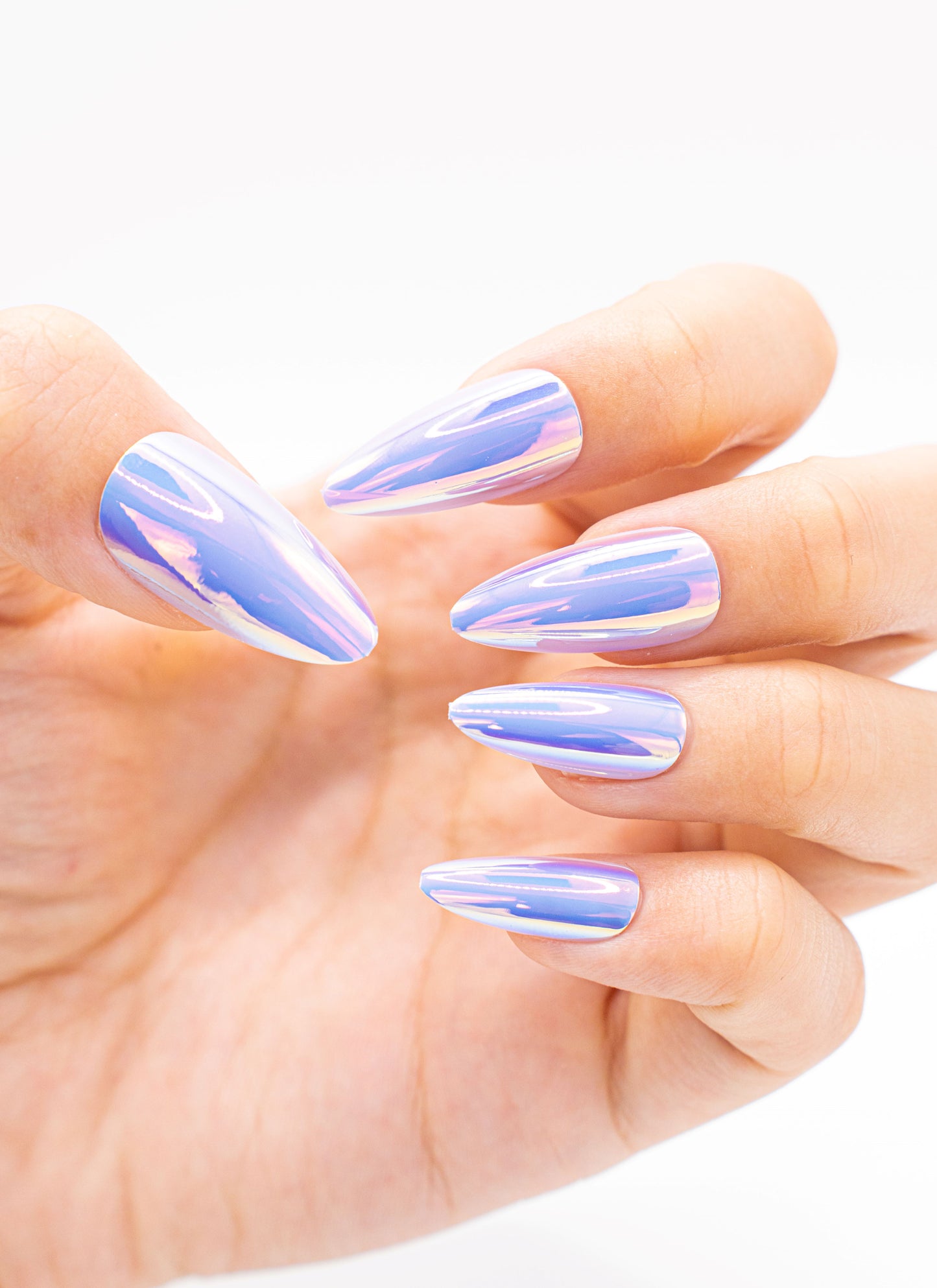 Close up image, Lavender Holographic Almond Press-On Nails - Iridescent Purple Set