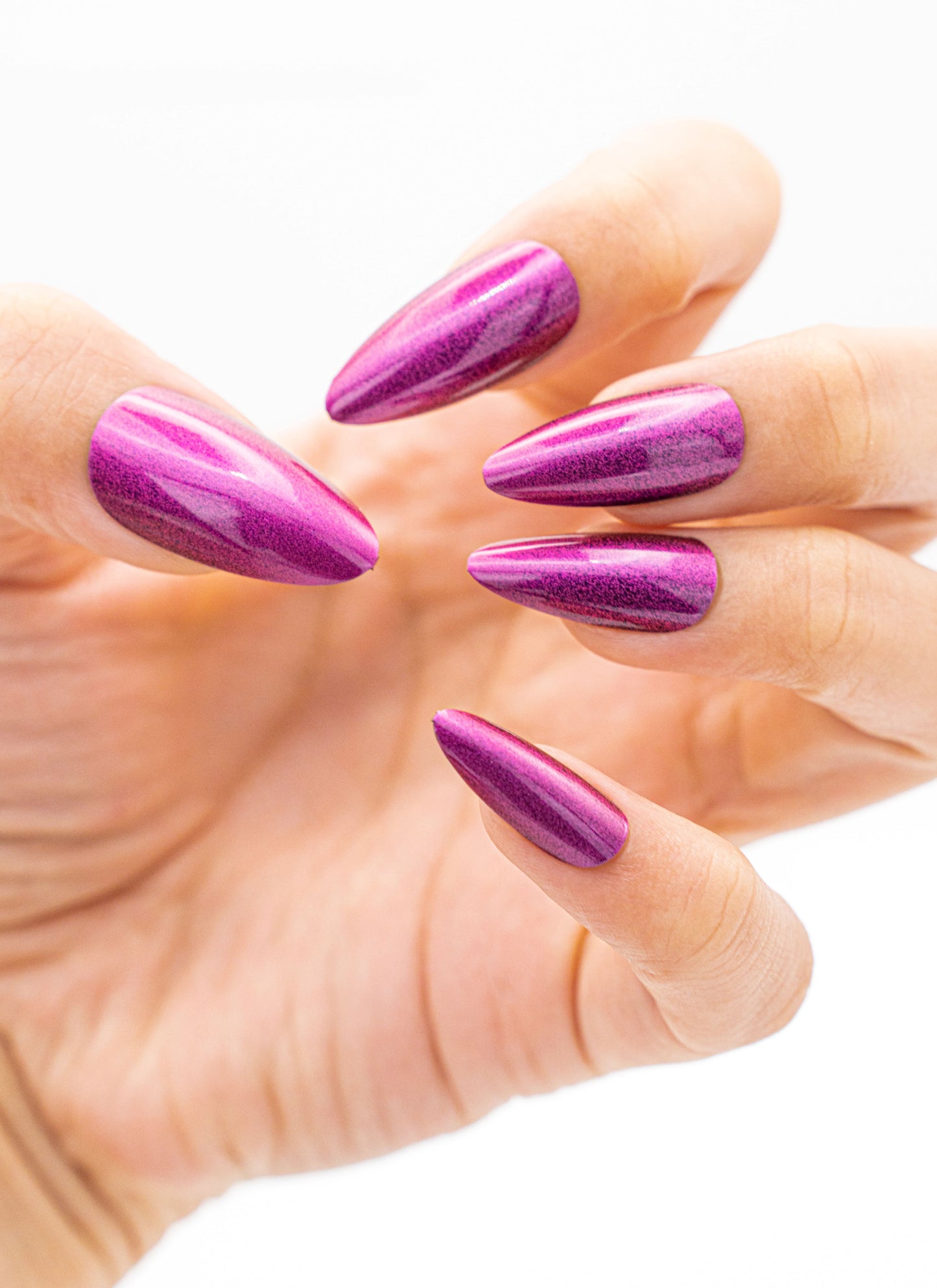 Close up image, Amethyst Twilight Stiletto Press-On Nails | Shimmering Metallic Purple