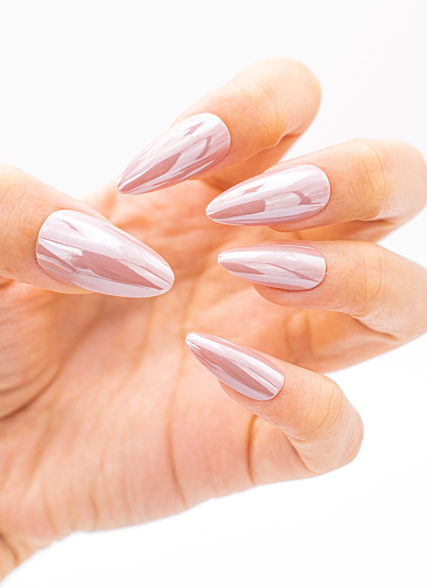 Close up image, Blush Elegance: Pink Stiletto Press-On Nails with Subtle Shimmer