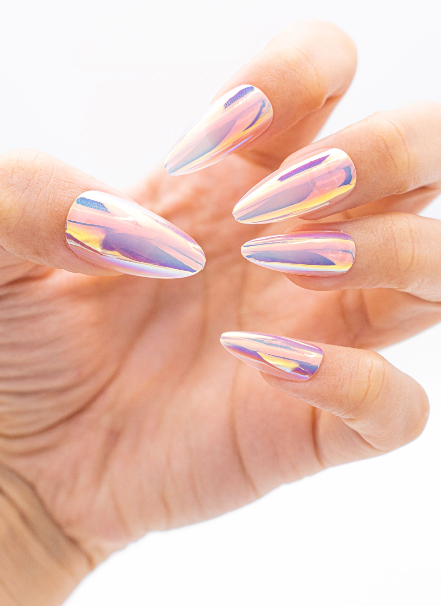 Close up image, Iridescent Rainbow: Holographic Stiletto Press-On Nails