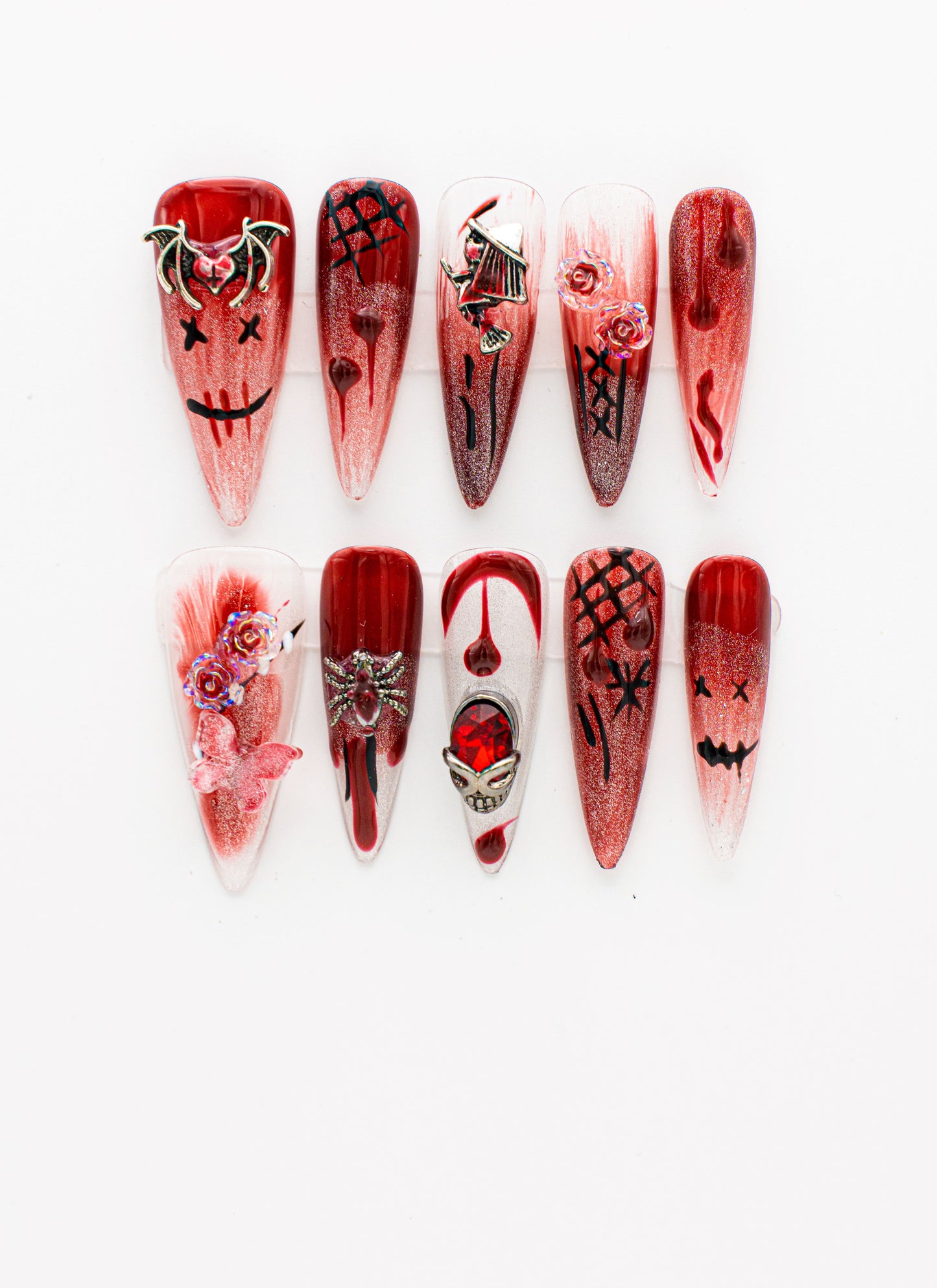 Red 3D Spider & Bat Press-on Nail|Glue Nails|Nail Art|False Nails|Elegant Nails|Summer Sale|Fancy Event Nails|Trendy Nails