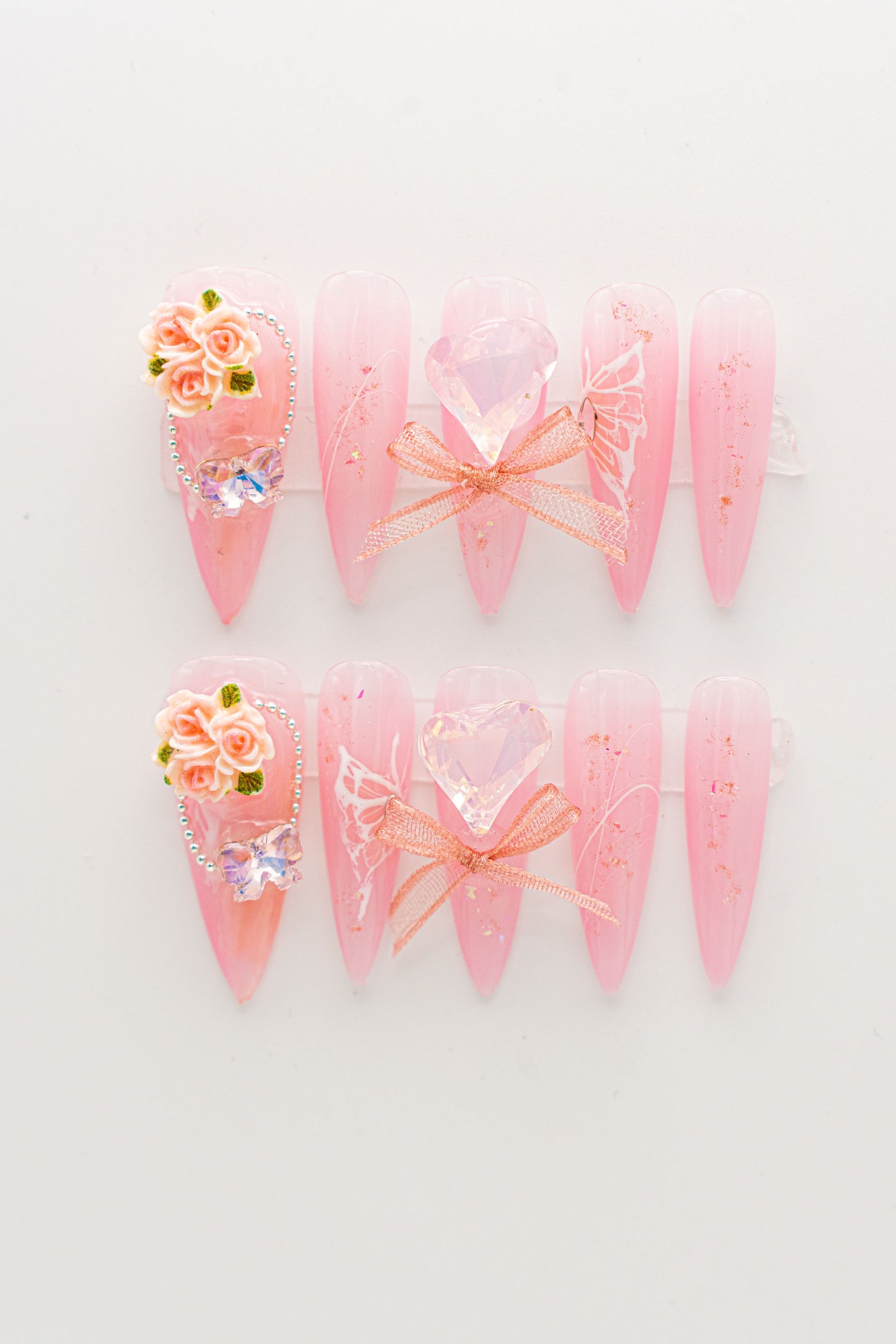 Pink 3D Roses and Crystals Press-on Nail|Glue Nails|Nail Art|False Nails|Elegant Nails|Summer Sale|Fancy Event Nails|Trendy Nails
