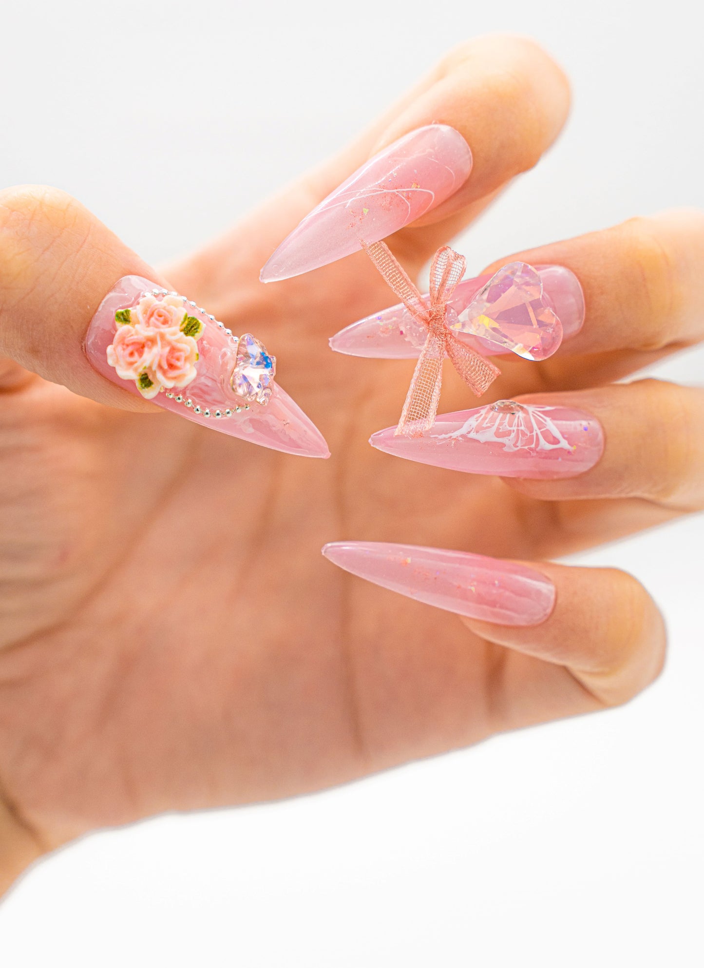 Close up image, Romantic Blooms: 3D Rose & Crystal Pink Stiletto Nails | Love at First Touch