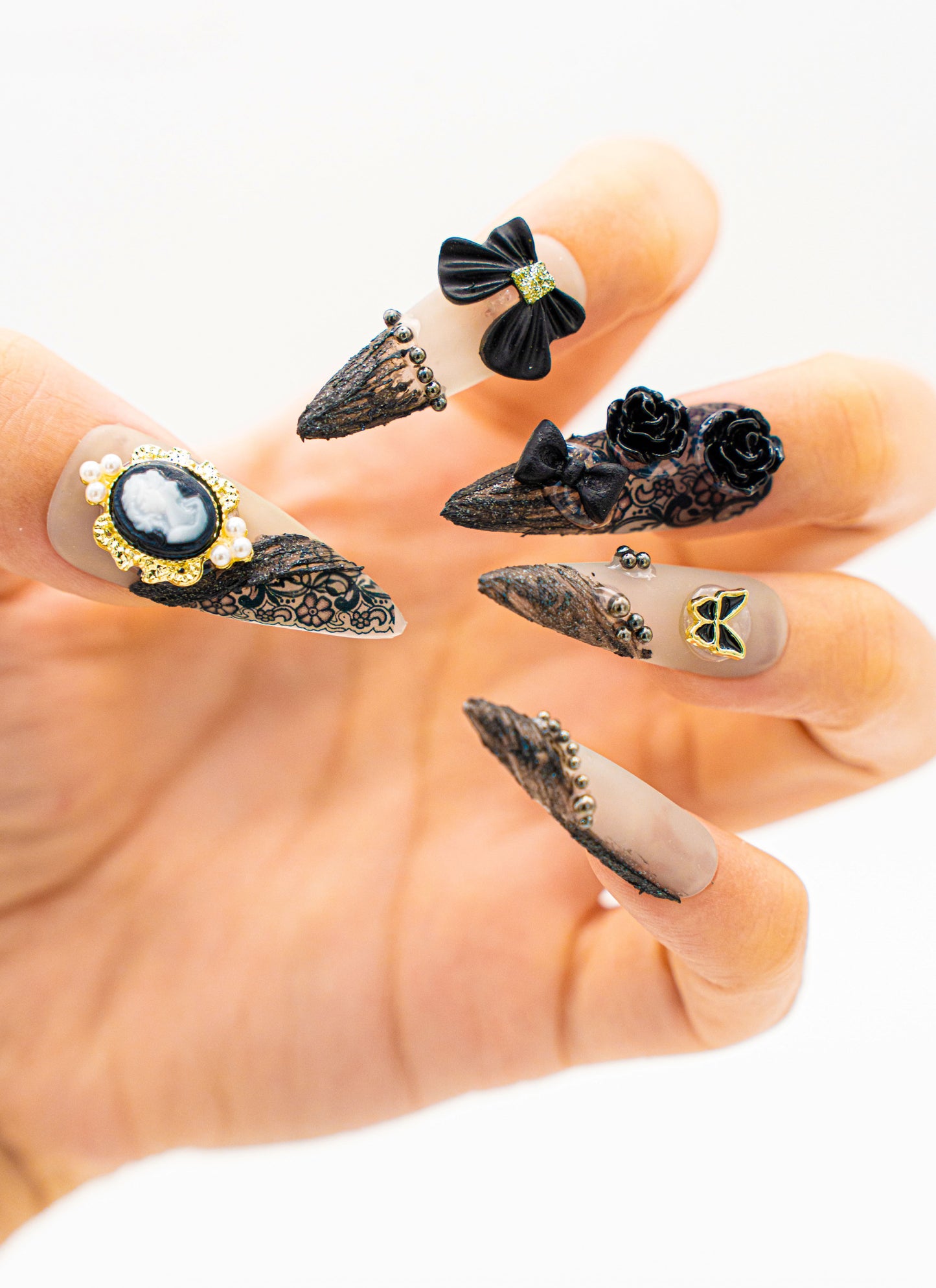 Close up image, Victorian Elegance: Baroque-Inspired Gothic Press-On Nails with 3D Lace