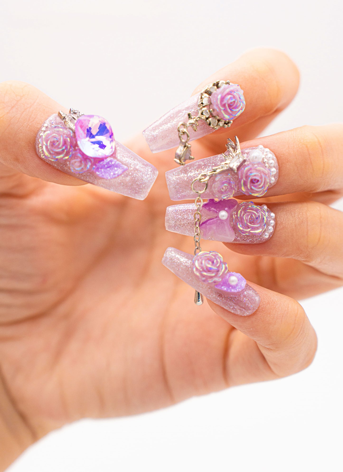 Close up image, Luxury Lavender Sparkle Press-On Nails with 3D Rose Charms and Rhinestones - Perfect for Bridal Nail Art
