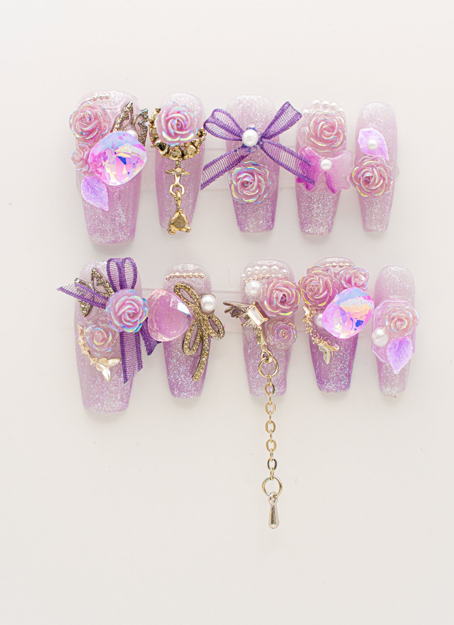 Lavender Sparkle 3D Rose Rhinestones Press-on Nail|Glue Nails|Nail Art|False Nails|Elegant Nails|Summer Sale|Fancy Event Nails|Trendy Nails