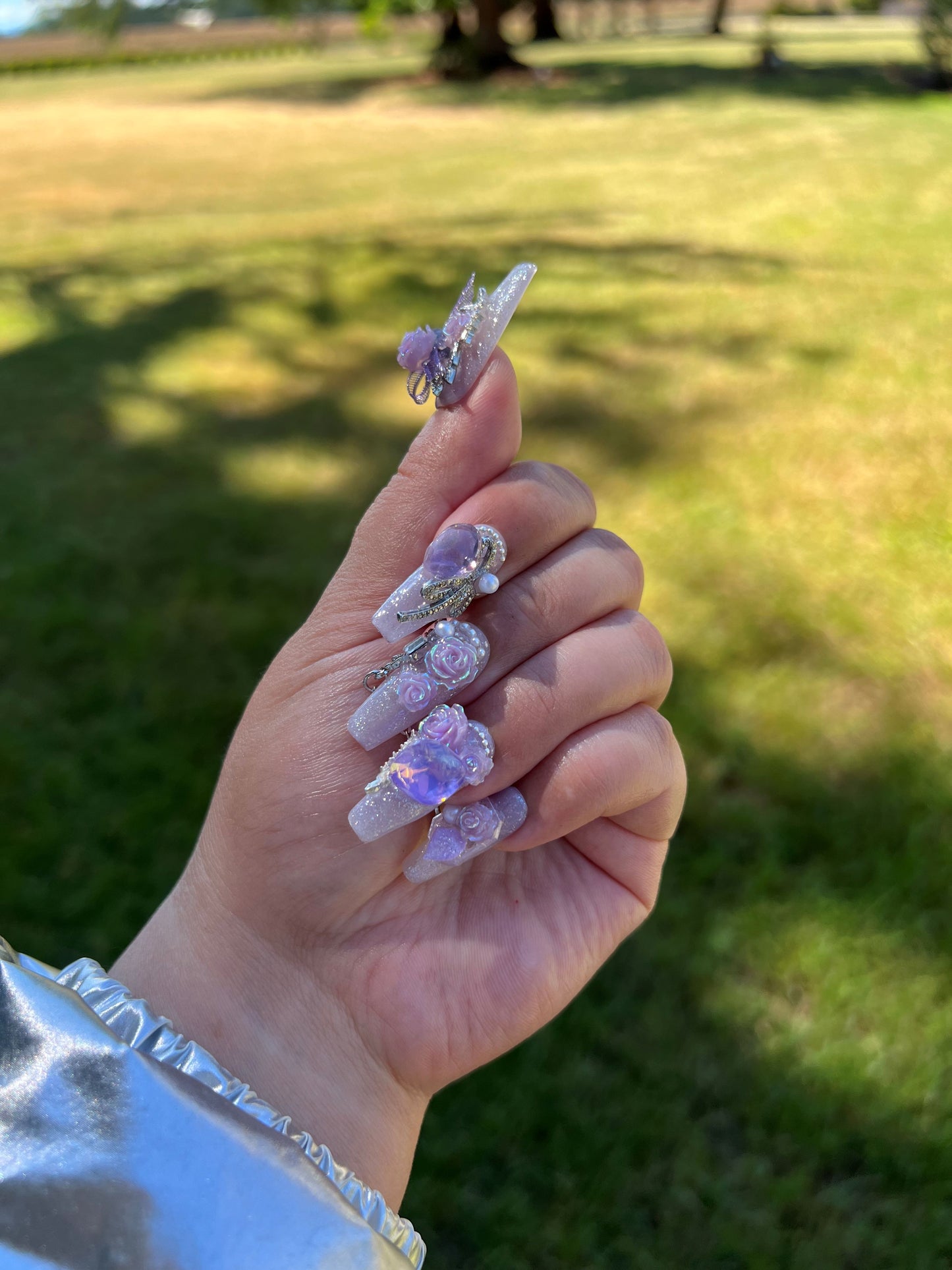 Lavender Sparkle 3D Rose Rhinestones Press-on Nail|Glue Nails|Nail Art|False Nails|Elegant Nails|Summer Sale|Fancy Event Nails|Trendy Nails
