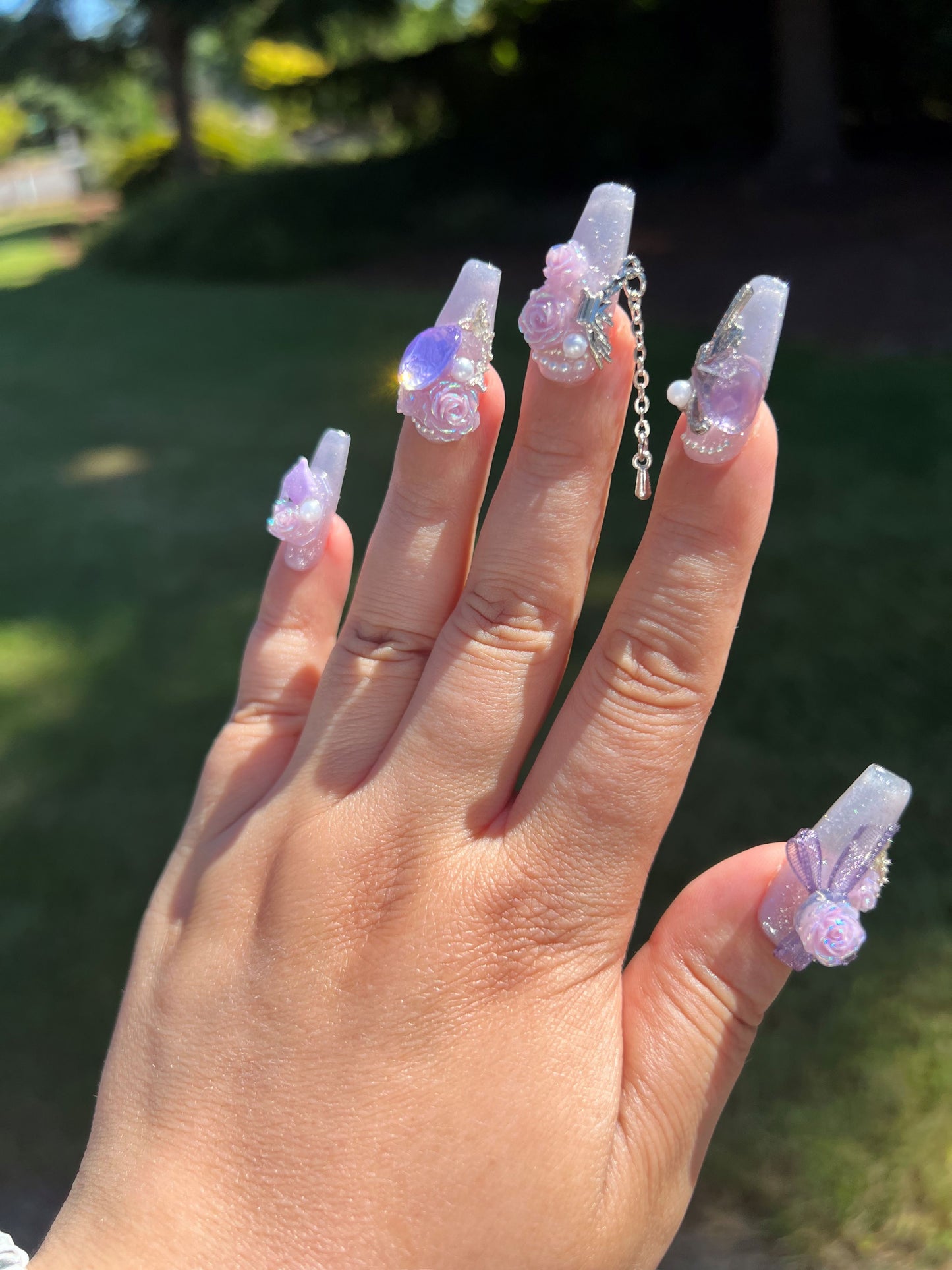 Lavender Sparkle 3D Rose Rhinestones Press-on Nail|Glue Nails|Nail Art|False Nails|Elegant Nails|Summer Sale|Fancy Event Nails|Trendy Nails