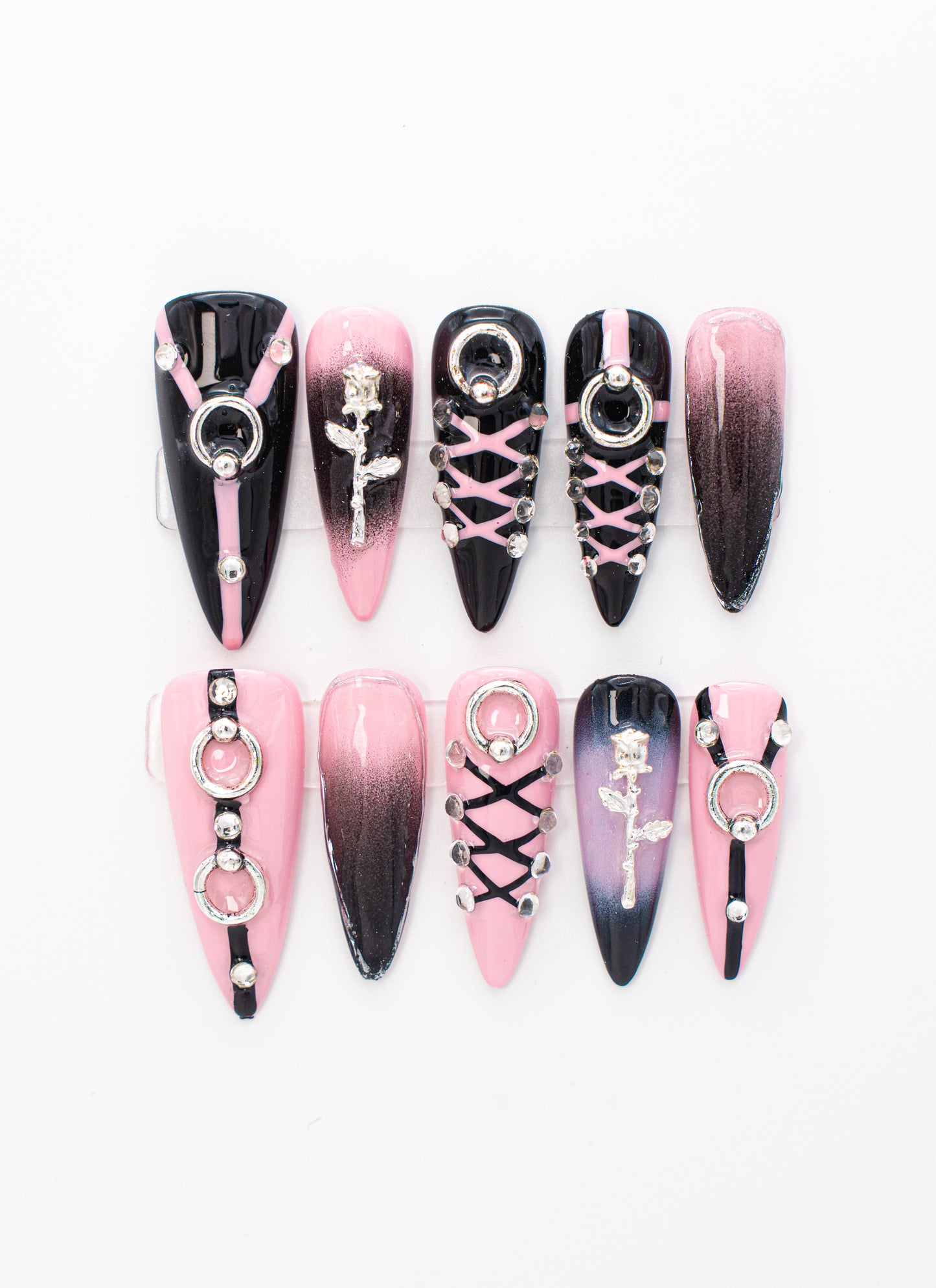 Gothic Glam Black Pink Press-on Nail|Glue Nails|Nail Art|False Nails|Elegant Nails|Summer Sale|Fancy Event Nails|Trendy Nails