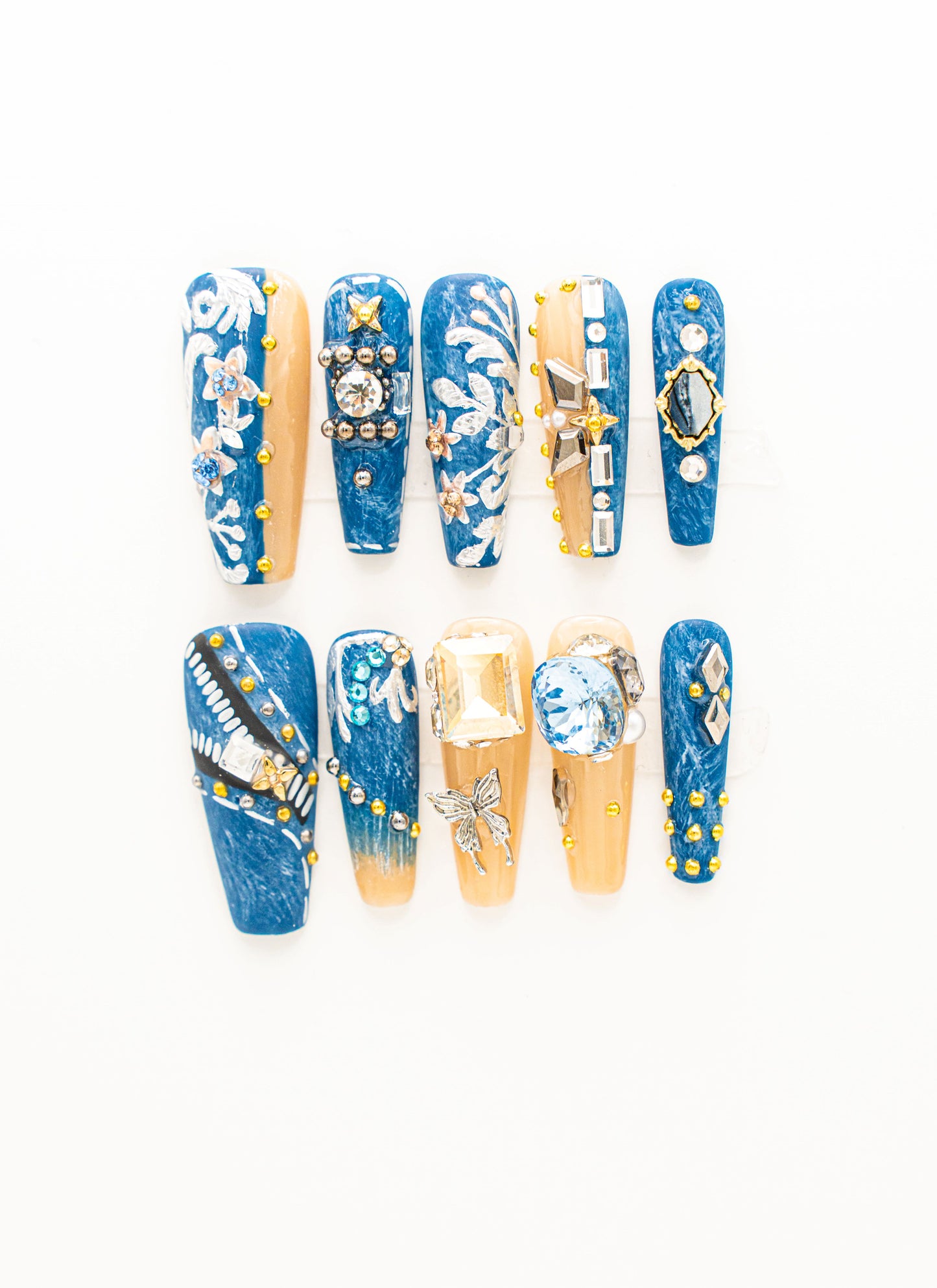 Blue Gemstone and Floral Press-on Nail|Glue Nails|Nail Art|False Nails|Elegant Nails|Summer Sale|Fancy Event Nails|Trendy Nails