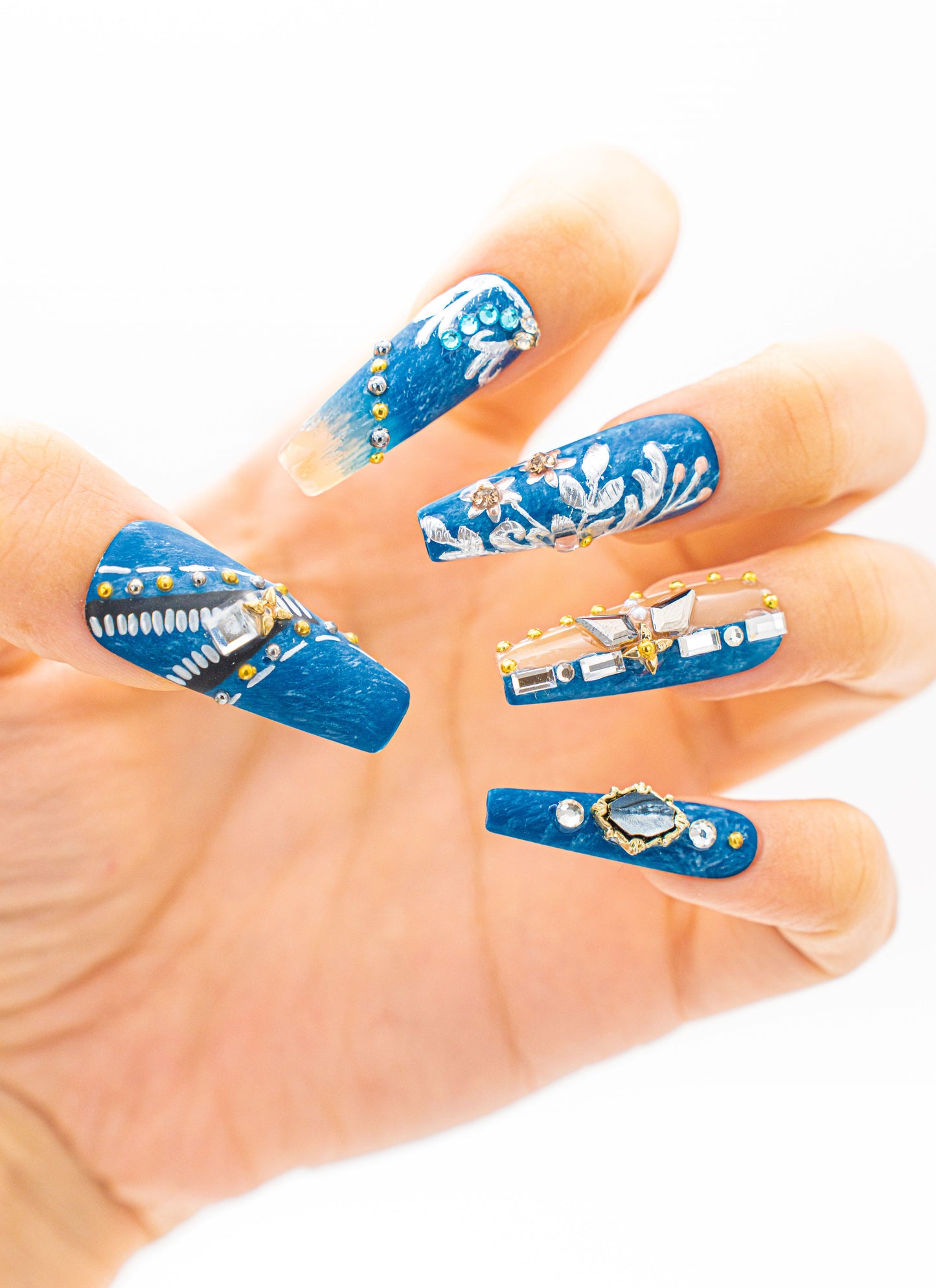 Close up image, Exquisite Luxury Press-On Nails with Gemstones and Floral Accents - Elegant Bridal and Event Nail Art Set