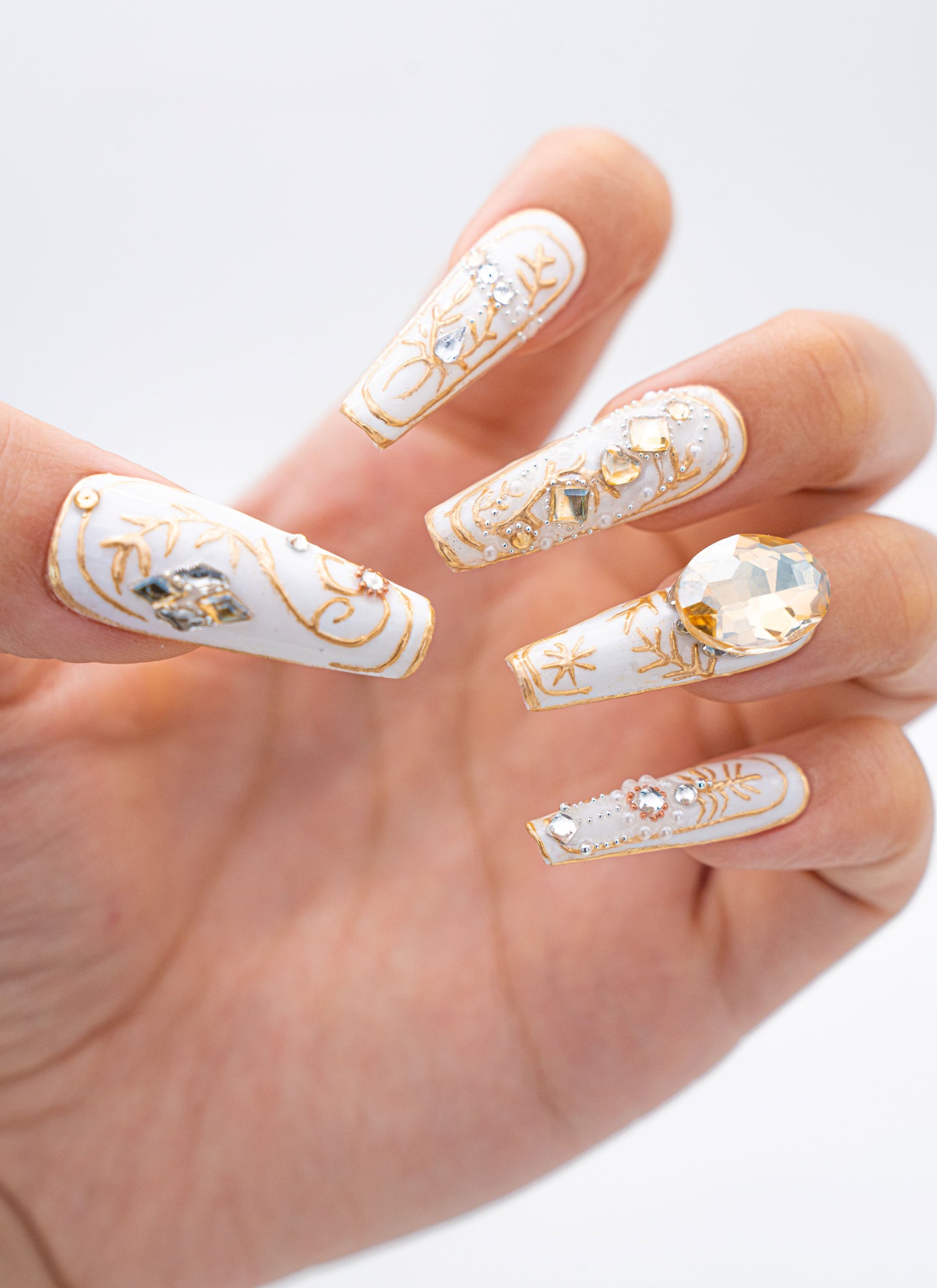 Close up image, Regal Jewels Collection: Handcrafted Press-On Nails with Gold & Gemstone Detailing
