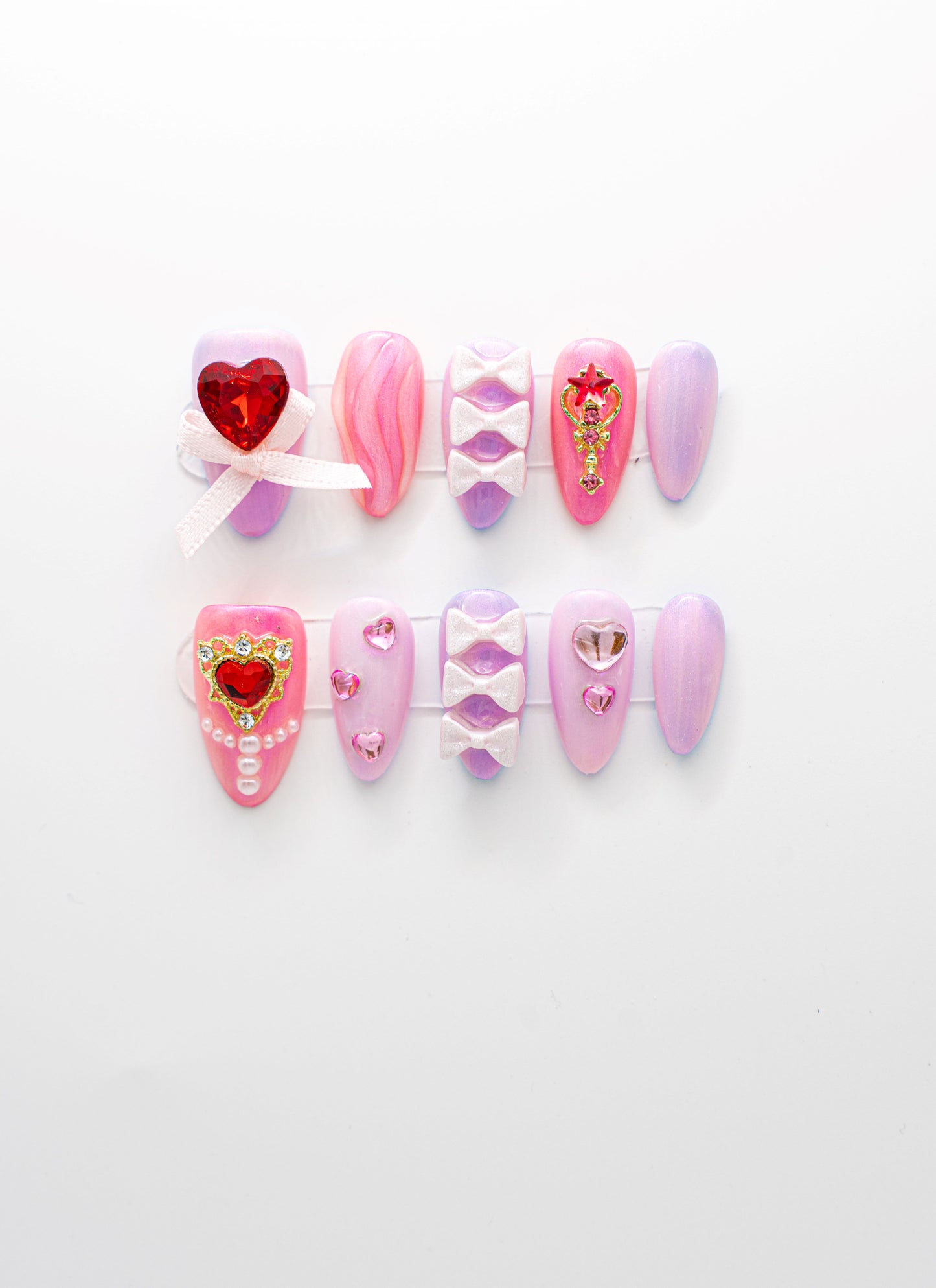 Pink and Purple Heart & Bow Press-on Nail|Glue Nails|Nail Art|False Nails|Elegant Nails|Summer Sale|Fancy Event Nails|Trendy Nails