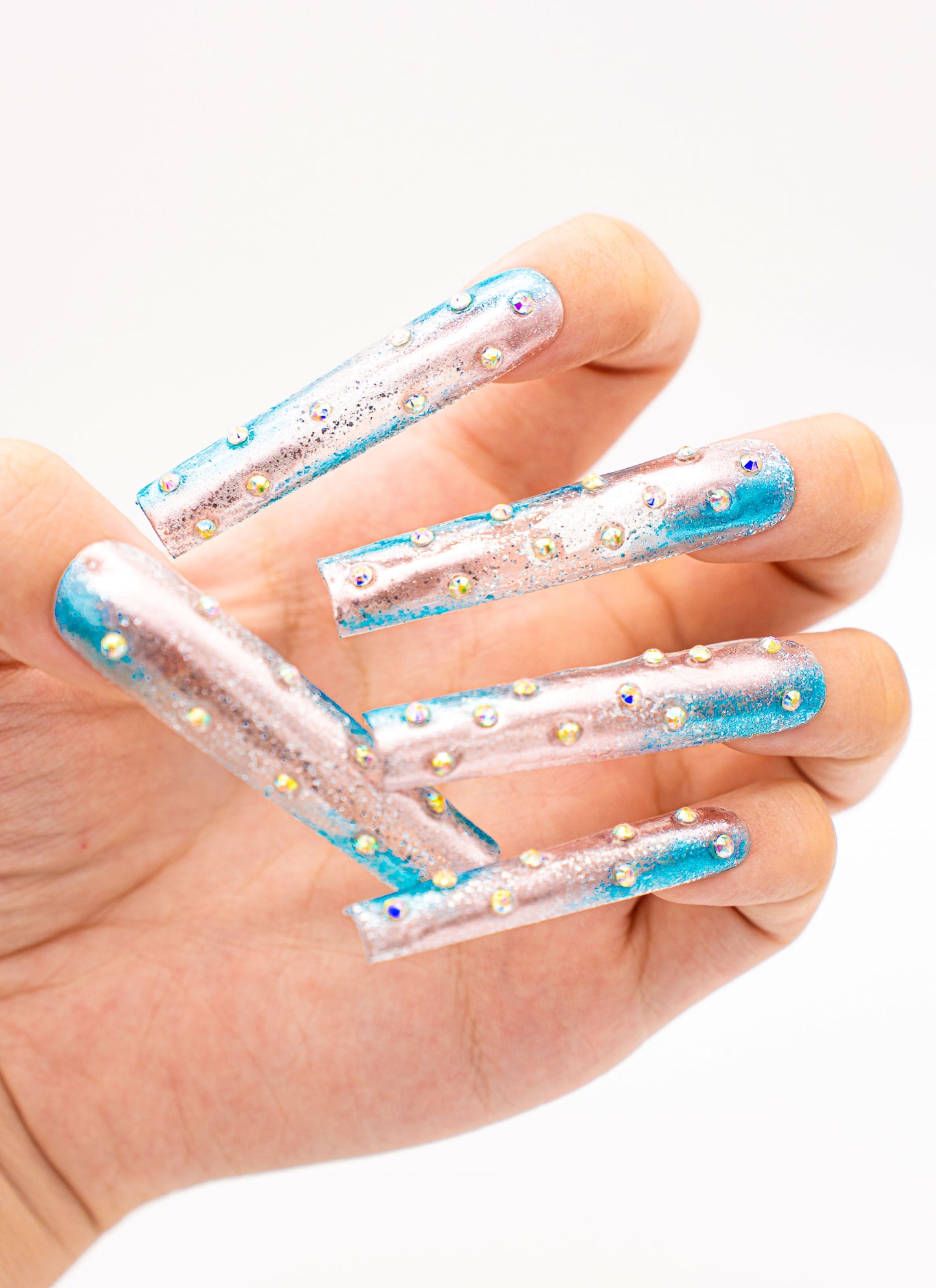 Close up image, Glamorous Blue and Silver Rhinestone Press-On Nail Set