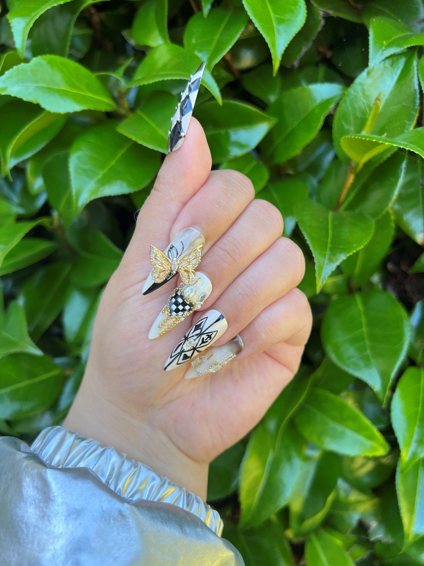 Butterflies Chessboard Press-on Nail|Glue Nails|Nail Art|False Nails|Elegant Nails|Summer Sale|Fancy Event Nails|Trendy Nails