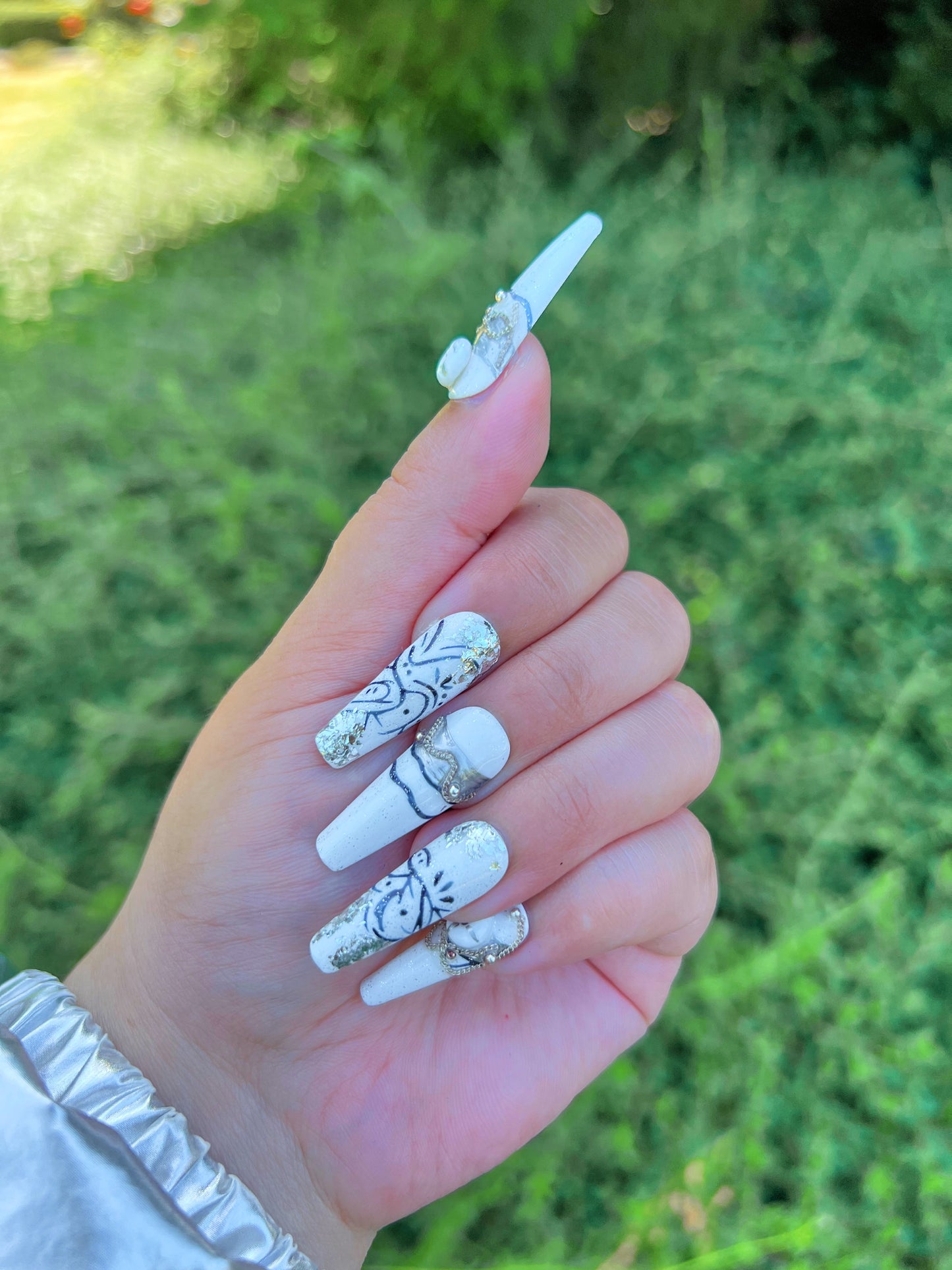 Maritime Mermaid White Glitter Press-on Nail|Glue Nails|Nail Art|False Nails|Elegant Nails|Summer Sale|Fancy Event Nails|Trendy Nails