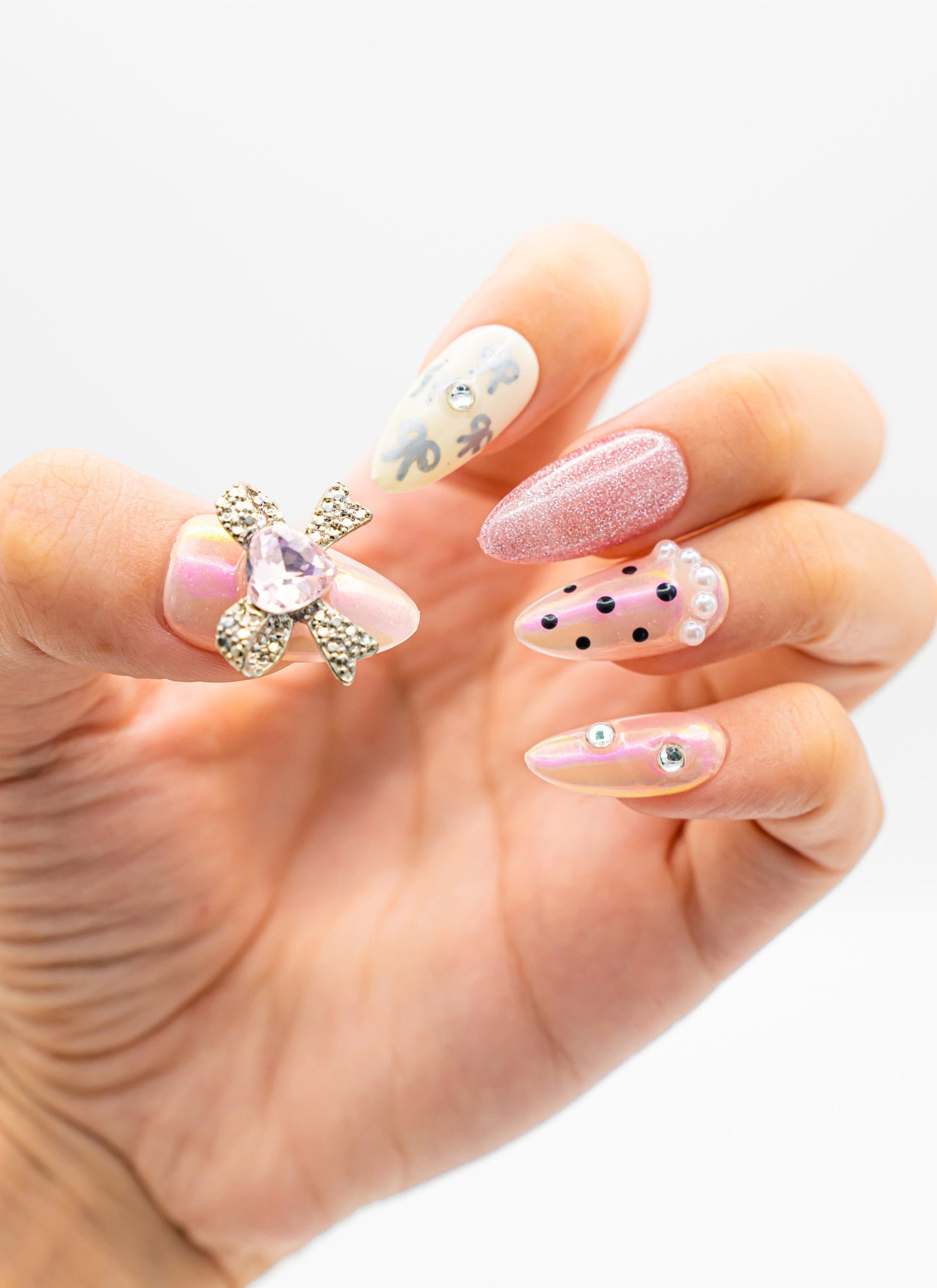 Cute Pink Bow Nail|Cute Nail|Summer Nail|Nail Designs|False Nail|Elegant Nail|Classy Nail|Free Style|Trendy Nail|Pearl Nail