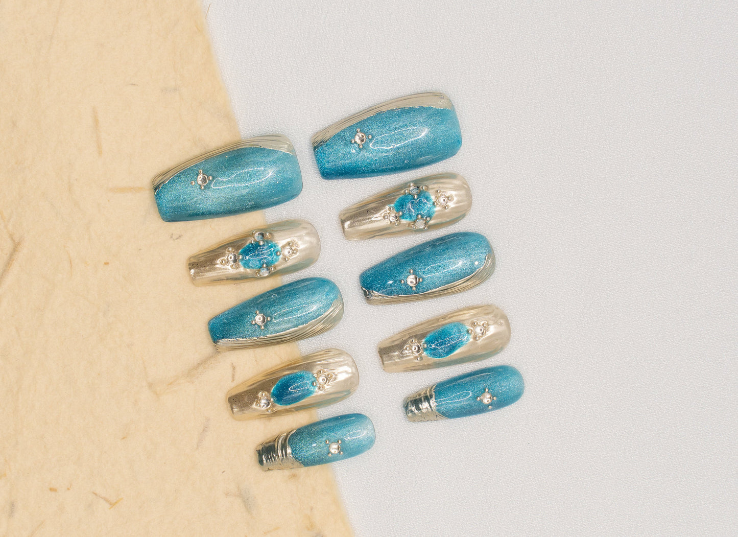 Elegant Nails|Summer Nails|Ocean Nails|Beach Nails|Mermaid Nails|Chrome Nails|Metallic Nails|Long Coffin Nails|False Nails|Trendy Nails