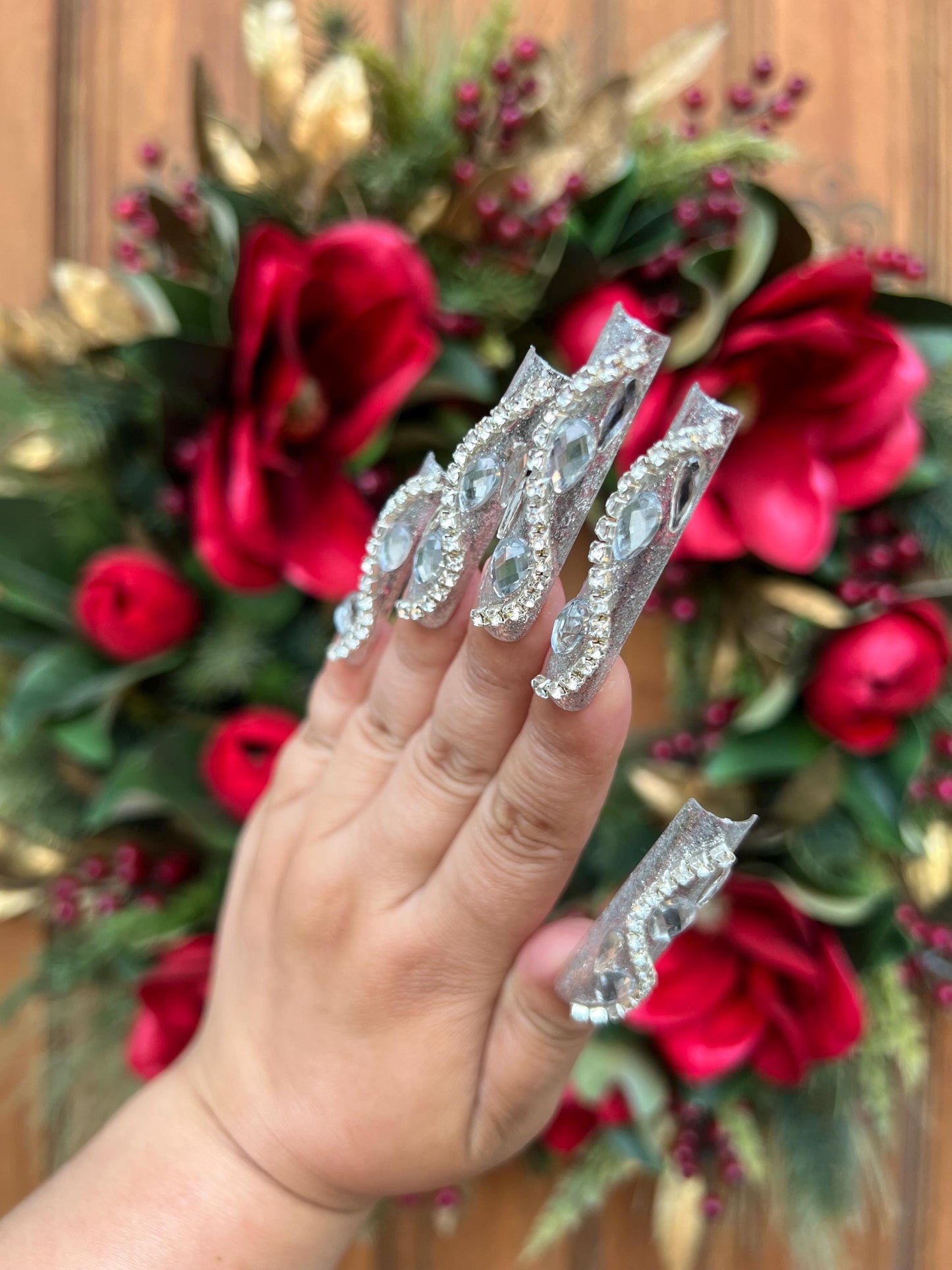 Silver Glitter Rhinestone Press on Nail|Cute Nail|Nail Designs|Nail Art|False Nails|Elegant Nails|Summer Nail|Crystal nails|Trendy Nails