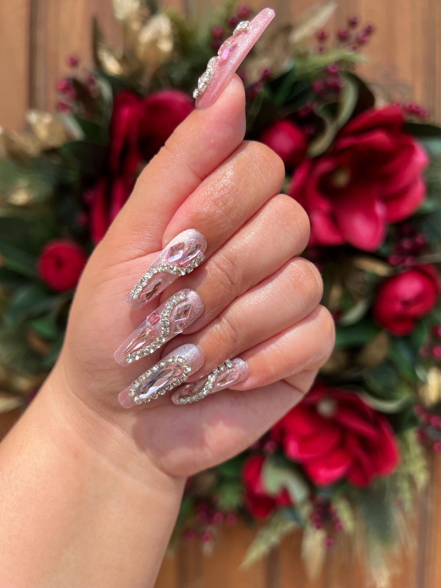 Pink Nails|Crystal nails|Coffin Nail Design|Cute Nails|Nail Designs|False Nails|Elegant Nails|Summer Nail|Trendy Nails