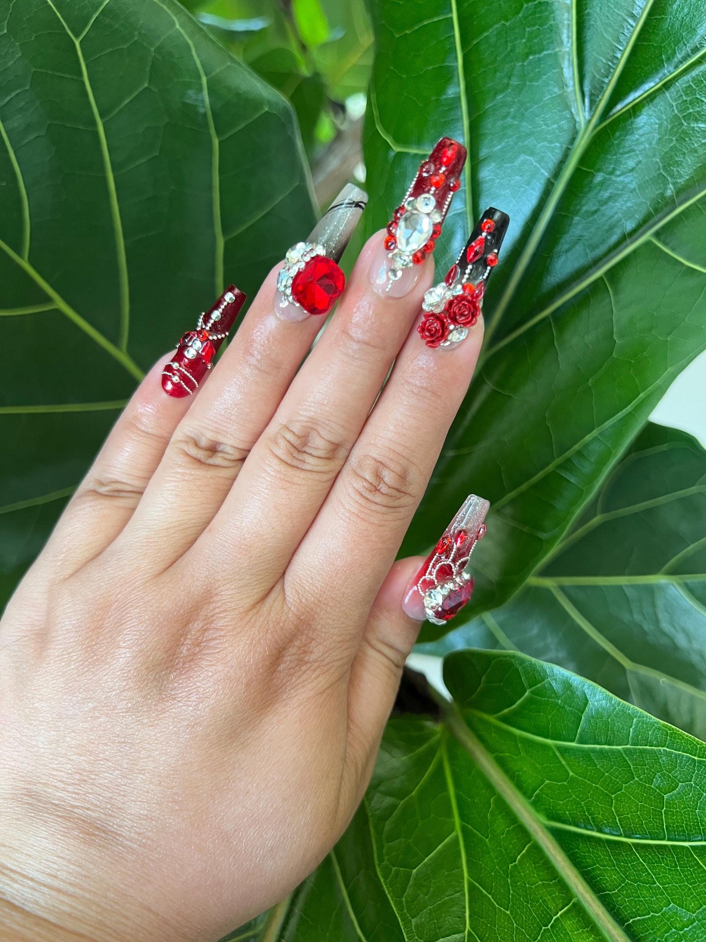 Red and Black Nails|Flower Nails|Crystal Nails|Long Coffin Nails|Cute Nails |Nail Designs|False Nail|Elegant Nails|Summer Nails |Trendy Nail
