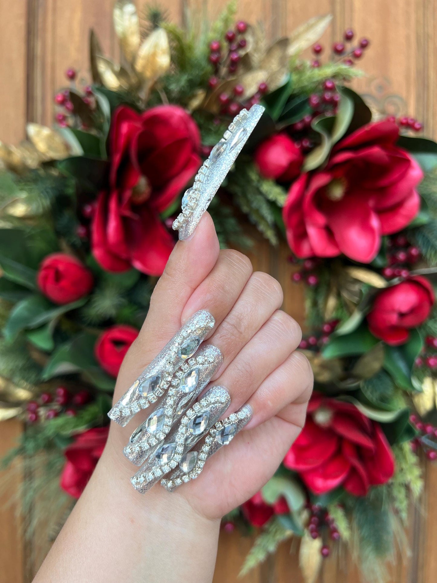 Silver Glitter Rhinestone Press on Nail|Cute Nail|Nail Designs|Nail Art|False Nails|Elegant Nails|Summer Nail|Crystal nails|Trendy Nails