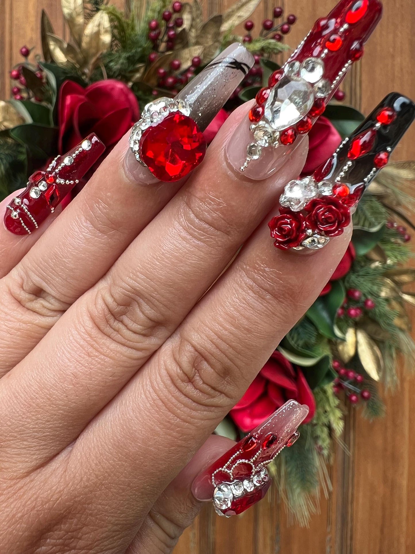 Red and Black Nails|Flower Nails|Crystal Nails|Long Coffin Nails|Cute Nails |Nail Designs|False Nail|Elegant Nails|Summer Nails |Trendy Nail