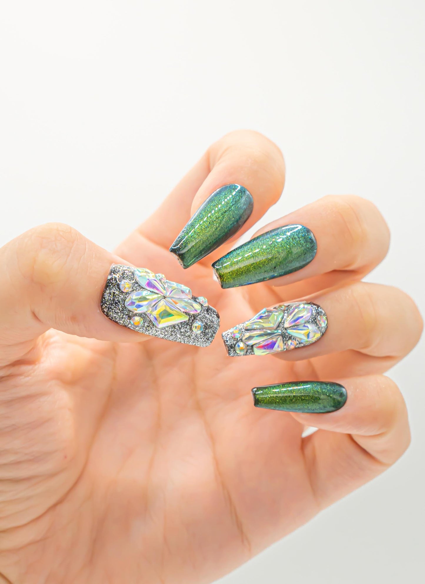 Green Jade Nails|3D Nails|Crystal Nails|Glitter Nails|Long Coffin Nails|Nails|Press On Nails|Gel Nails|Fake Nails|False Nails|Back to School
