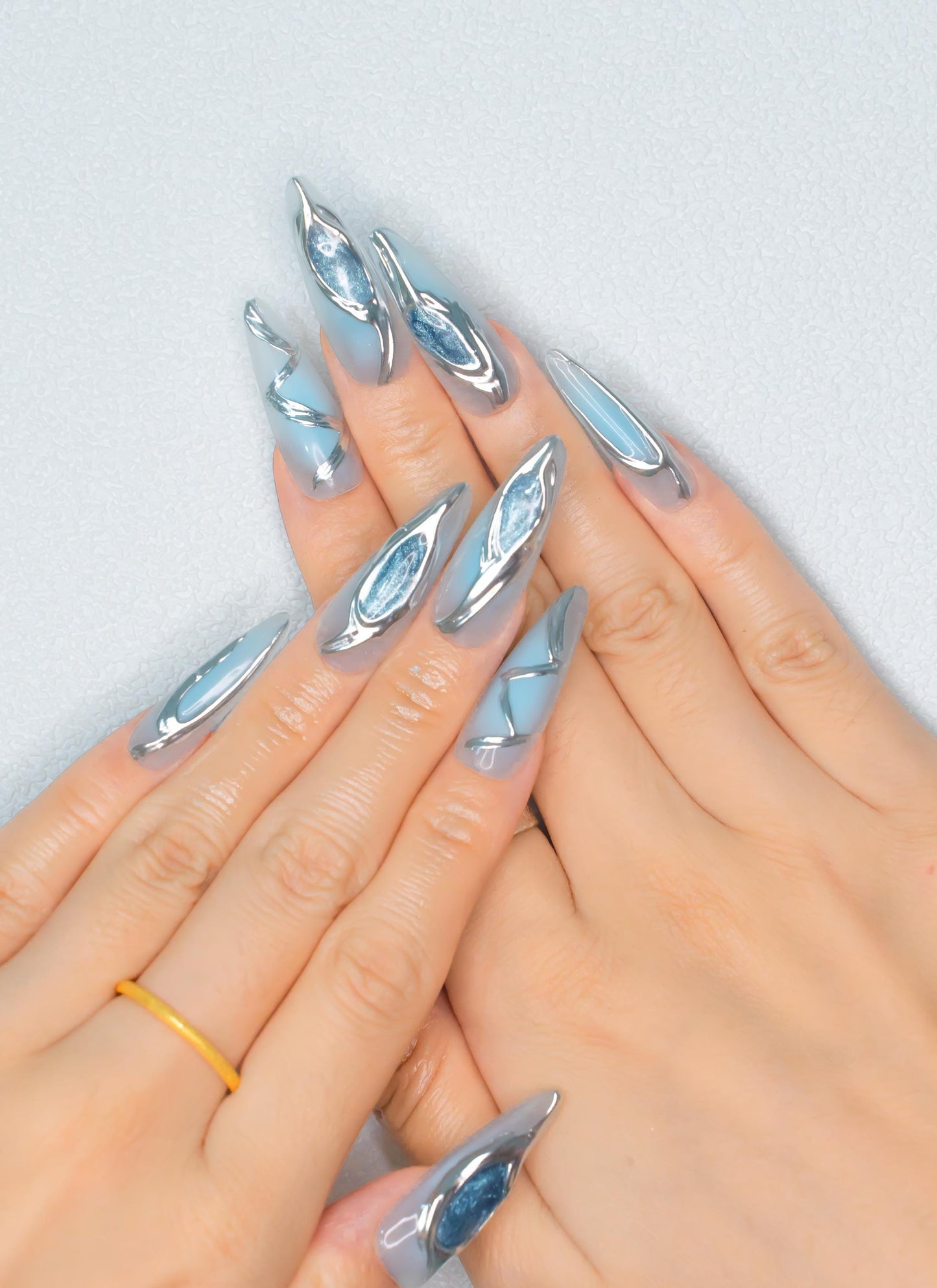 Icy Blue and Silver Press On Nails|3D Chrome Metallic Long Stiletto Nails|Halloween Nails|Holiday Nails|Press on Nails|Press Ons|Nails|Nail