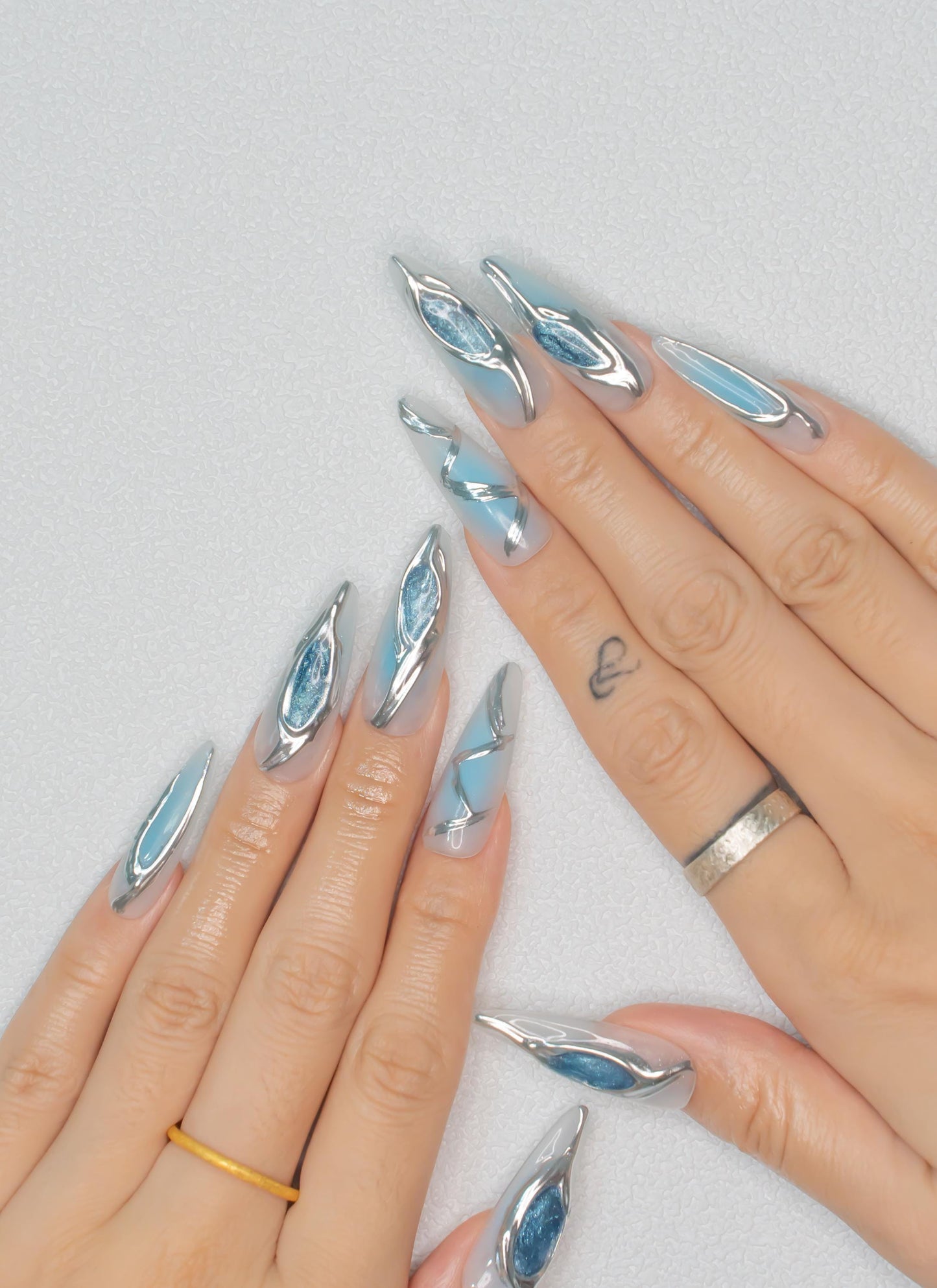 Icy Blue and Silver Press On Nails|3D Chrome Metallic Long Stiletto Nails|Halloween Nails|Holiday Nails|Press on Nails|Press Ons|Nails|Nail