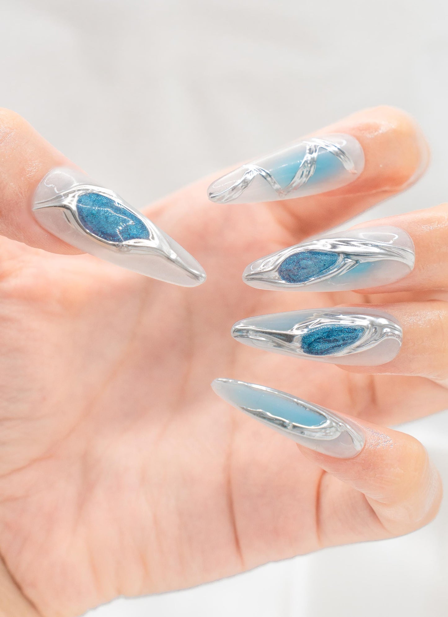 Icy Blue and Silver Press On Nails|3D Chrome Metallic Long Stiletto Nails|Halloween Nails|Holiday Nails|Press on Nails|Press Ons|Nails|Nail