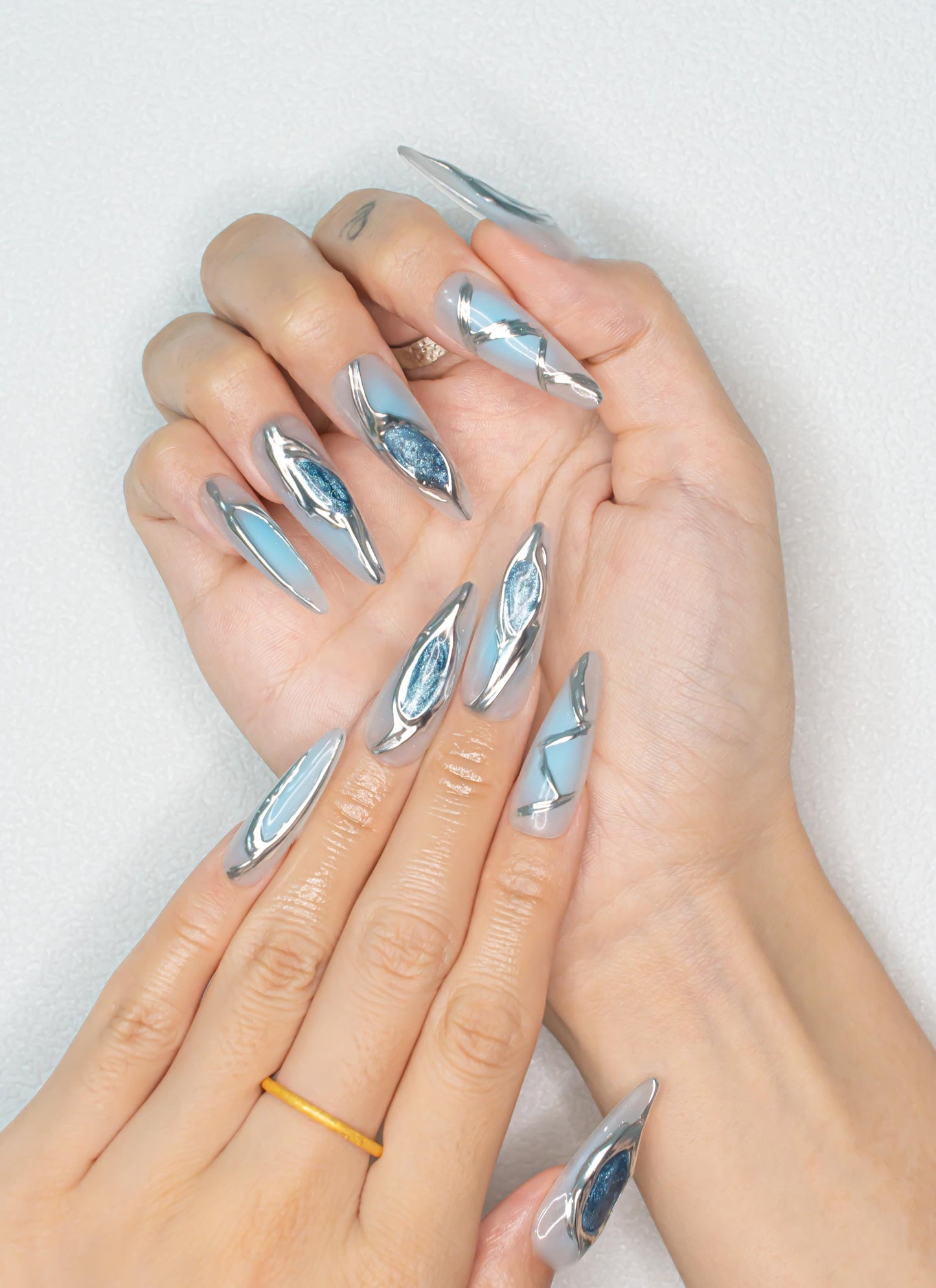 Icy Blue and Silver Press On Nails|3D Chrome Metallic Long Stiletto Nails|Halloween Nails|Holiday Nails|Press on Nails|Press Ons|Nails|Nail