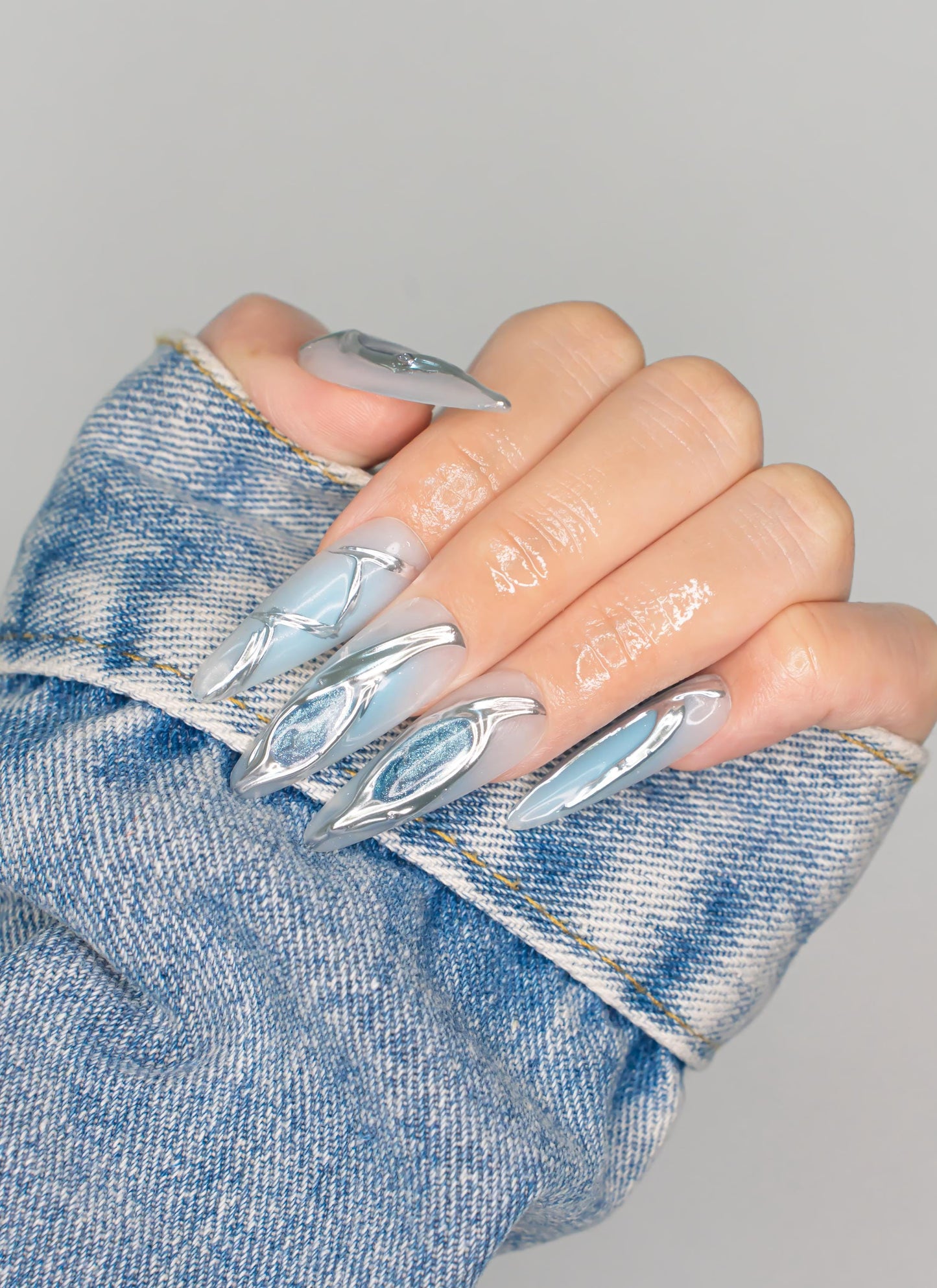 Icy Blue and Silver Press On Nails|3D Chrome Metallic Long Stiletto Nails|Halloween Nails|Holiday Nails|Press on Nails|Press Ons|Nails|Nail