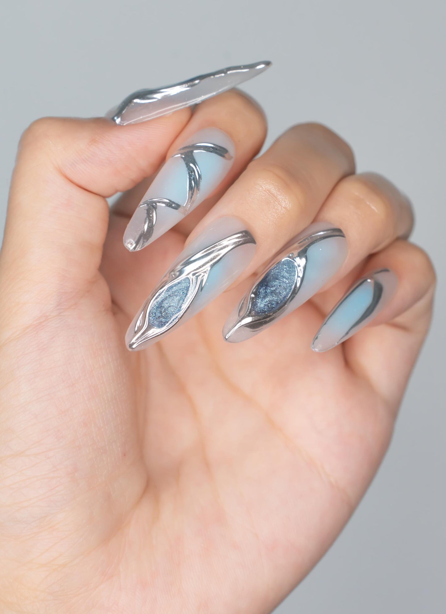 Icy Blue and Silver Press On Nails|3D Chrome Metallic Long Stiletto Nails|Halloween Nails|Holiday Nails|Press on Nails|Press Ons|Nails|Nail